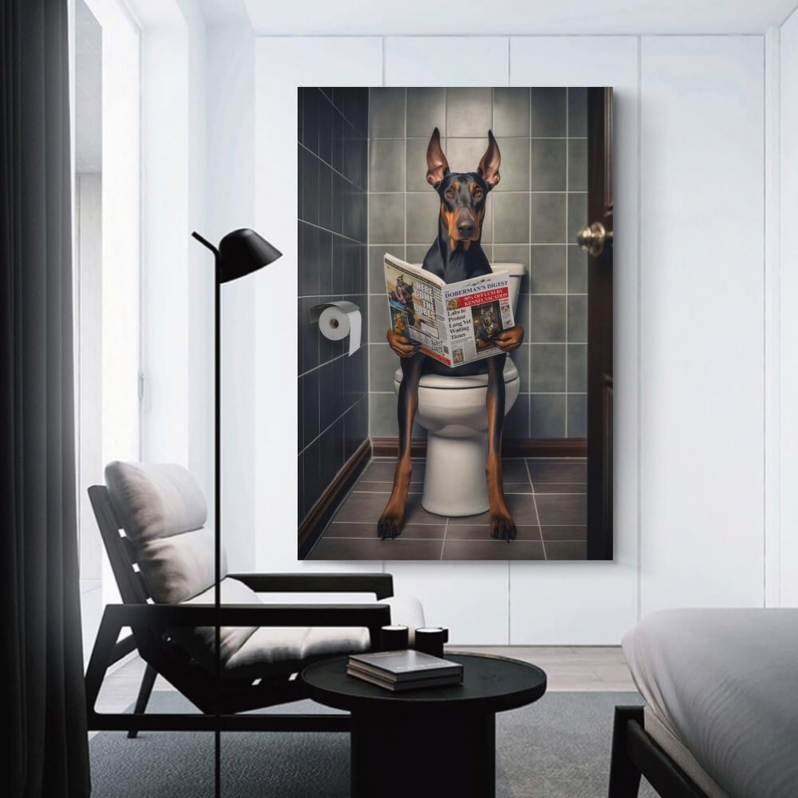 Junmoney Canvas Wall Decor Doberman on The Toilet, 20x30inch(50x75cm), for Living Room, Bedroom, Office Or Hallway, Decorative Artwork with Broad Appeal