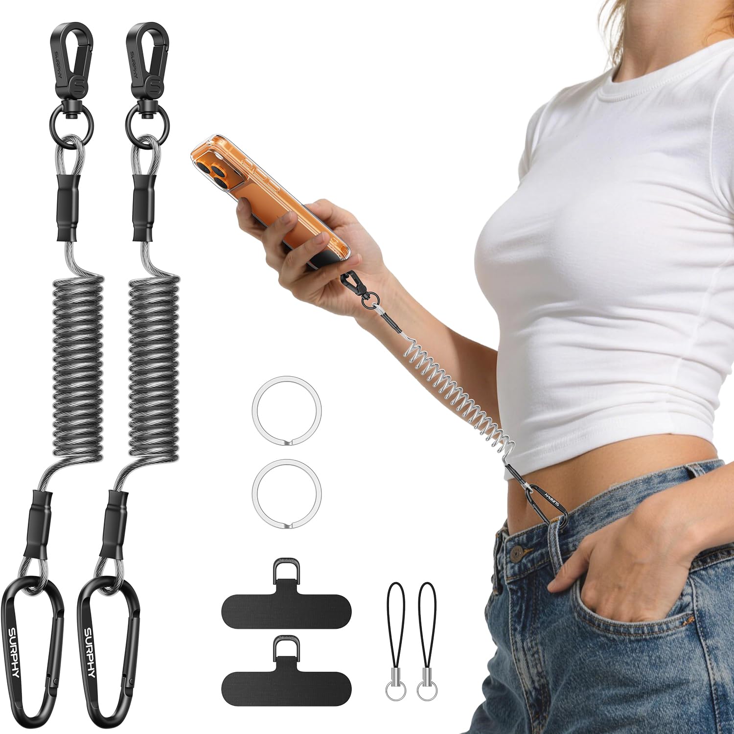 SURPHY 2 Stück TPU-ummantelte Stahldrahtspirale Handysicherung Outdoor Ausziehbar mit Karabiner, Handy Diebstahlschutz Handykette für Wandern Radfahren Bergwandern Reisen, 2er-Set schwarz