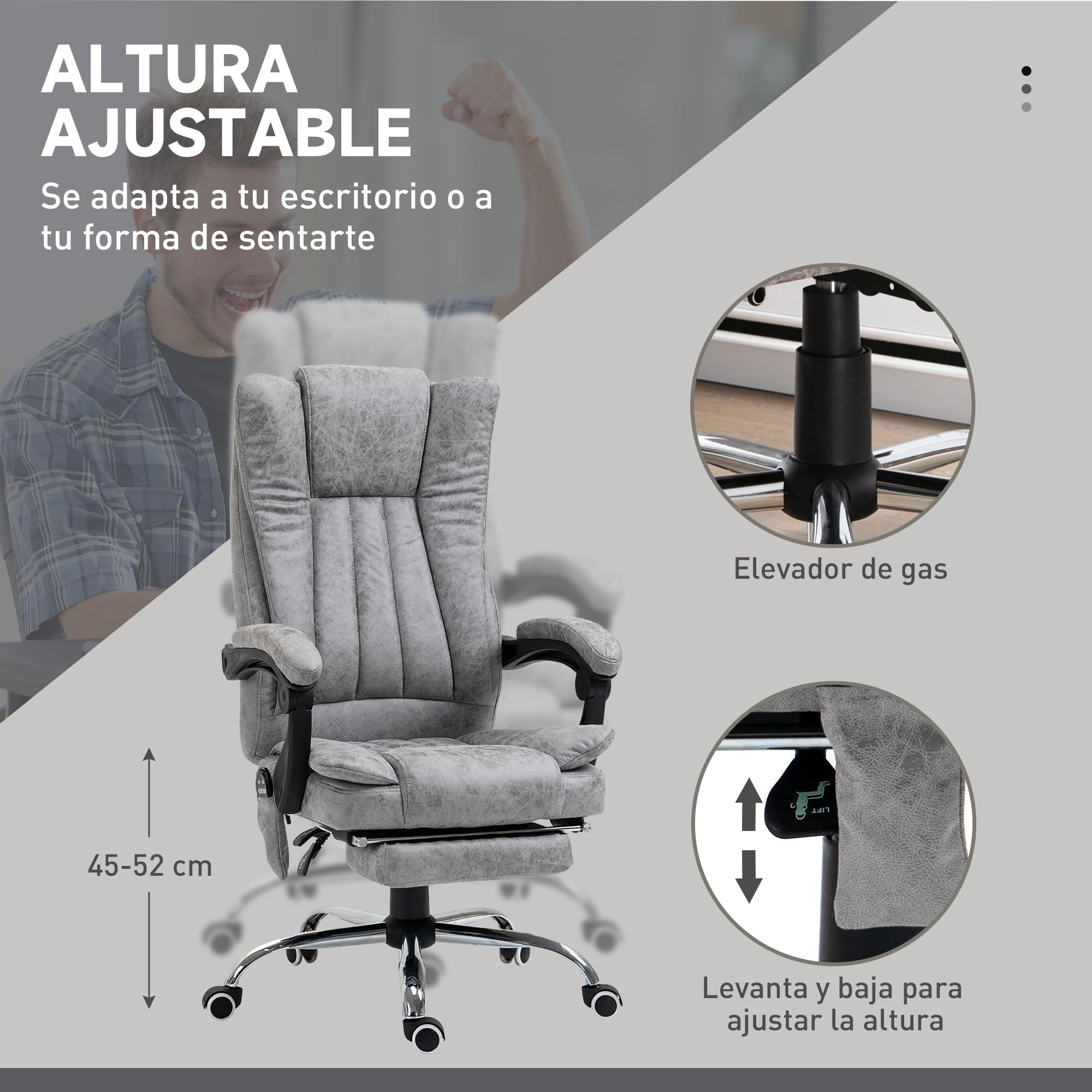 Vinsetto Silla de Oficina con 6 Puntos de Masaje, Reclinable 135º, Gris | Silla de Escritorio Giratoria, Masaje Vibratorio, Función Calefacción, Reposapiés Retráctil, Altura Ajustable, Control Remoto