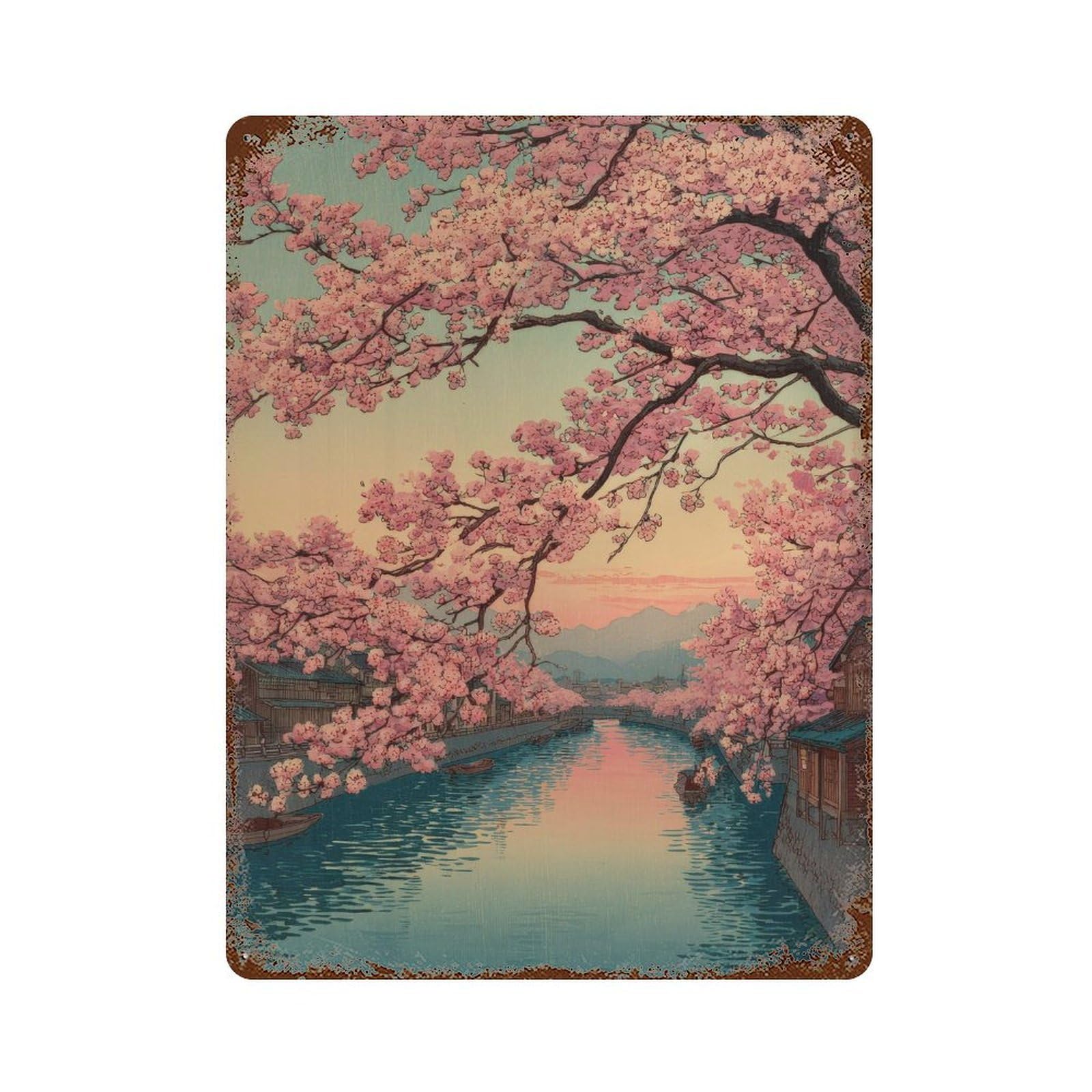 xiaoxiaoshen Cherry Blossom River Scene. Japanese Ukiyo Wall Decor Art Metal Tin Poster Modern Home Decor Art Home Bar Shop Decorations Vintage Sign 40x30cm