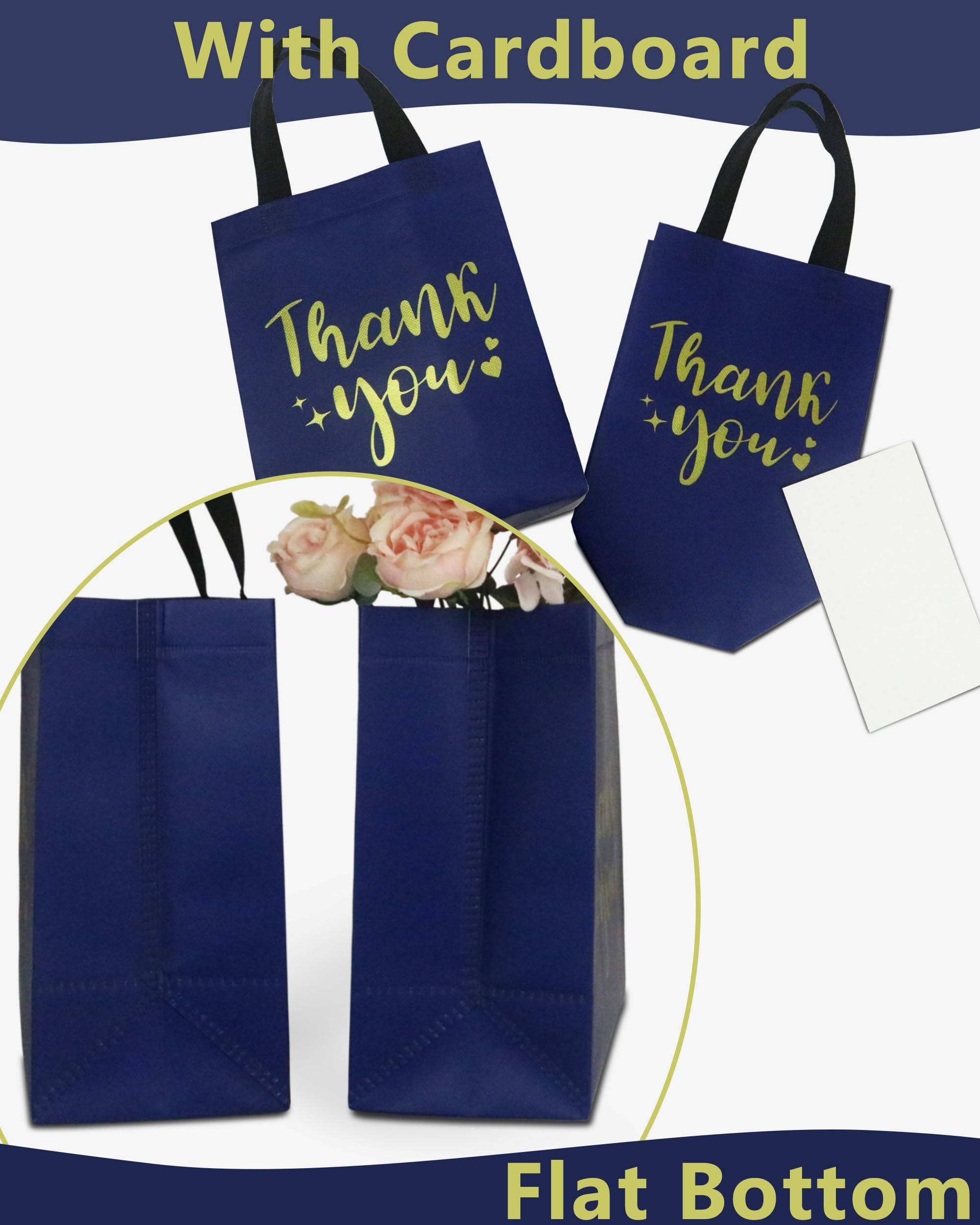 12 Navy Blue Thank You Gift Bags - Sturdy, Reusable, Medium 8x5x10 with Handles, Non-Woven for Weddings, Teachers, Father's Day, Parties, Birthdays & Graduations