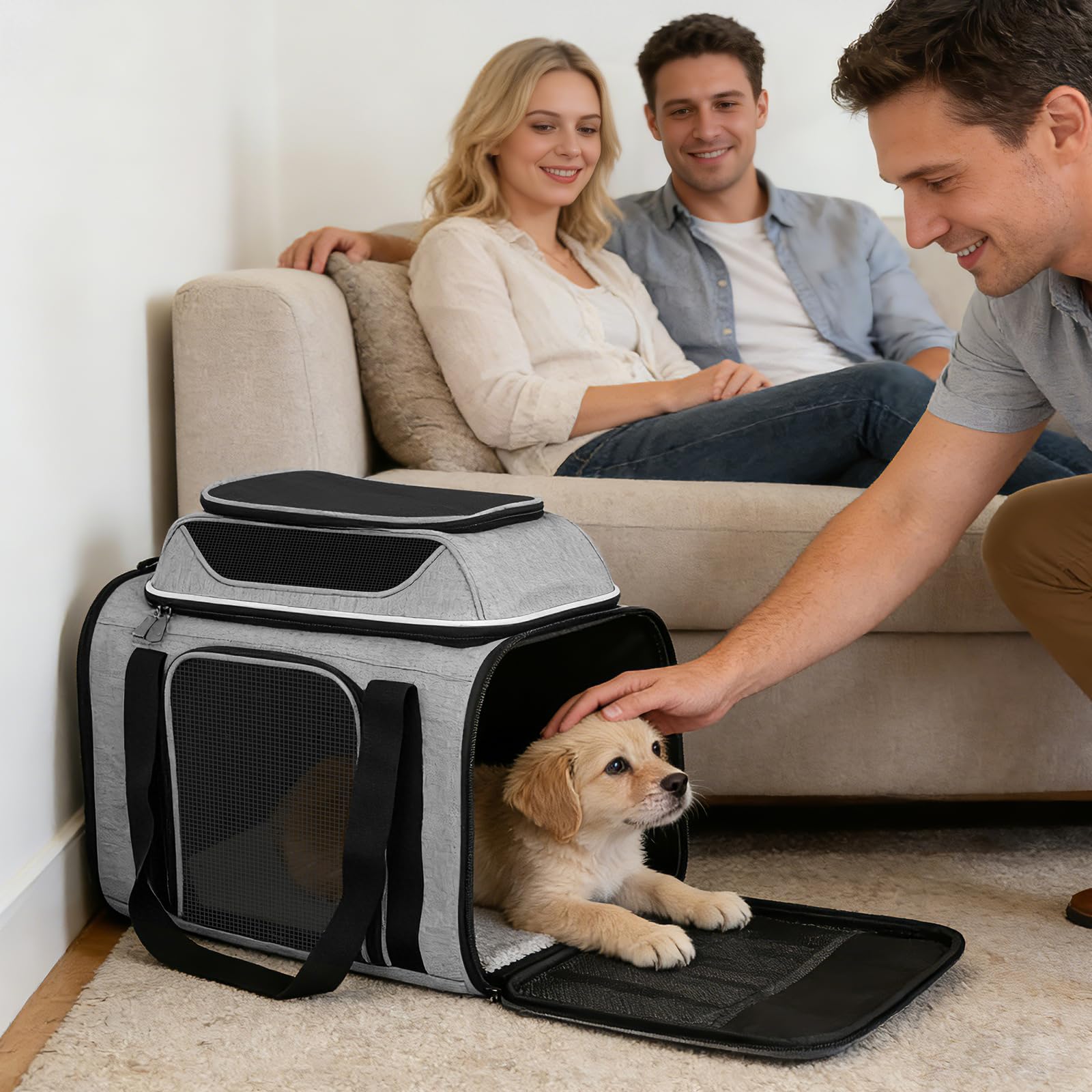 Transportbox Katzen,Faltbare Katzen Transporttasche,für Katze und Welpen bis 8 kg,Atmungsaktiv Katzen transportboxen,mit Sicherheit Reißverschlüsse,für ob Reise,Oder Tierarzttermin (Grau)