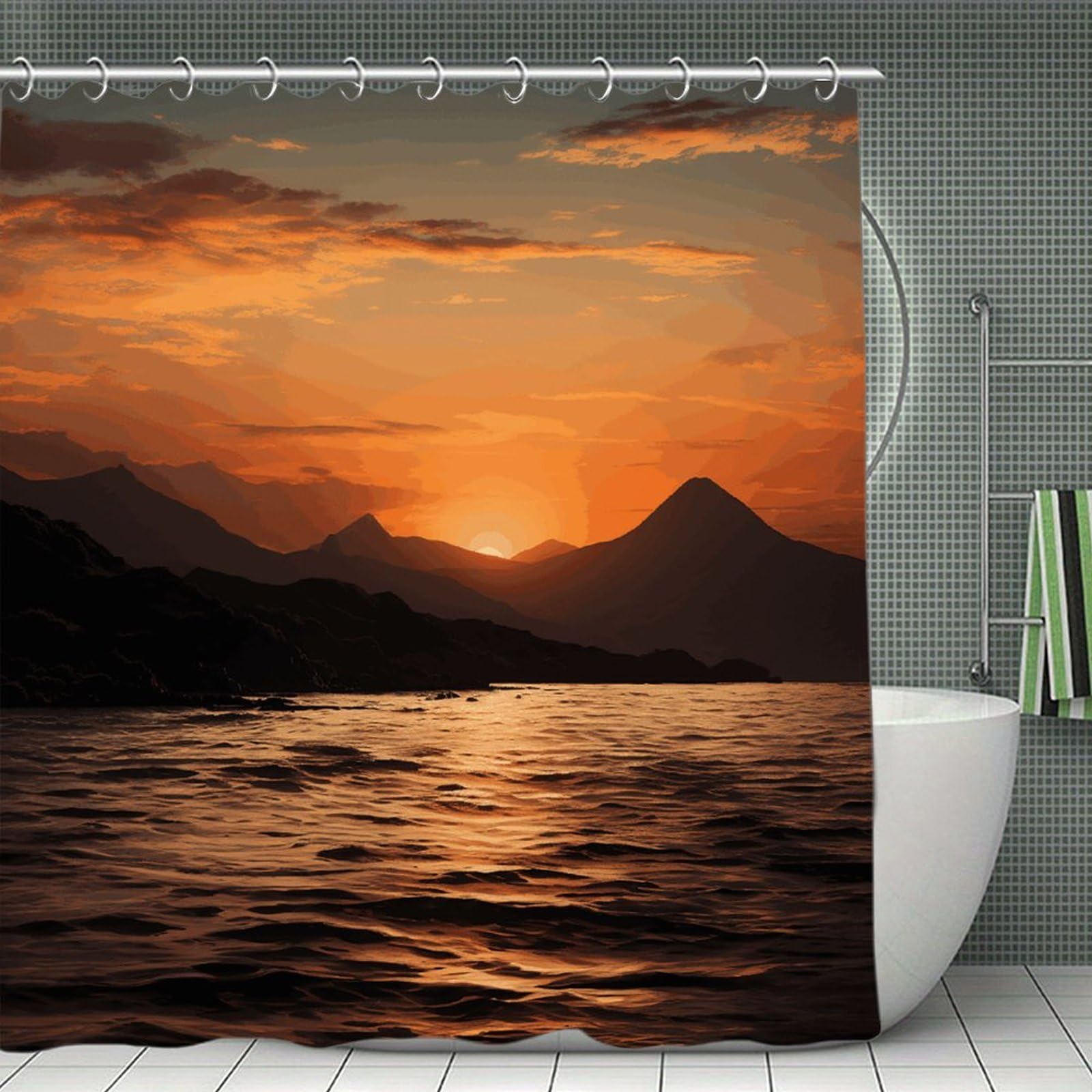 VstaDank Mountain and Water at Sunset Shower Curtain Waterproof Bathroom Curtain with Hooks Luxury Weighted Bath Curtains for Bathtubs Showers Room Dividers Decorative Shower Curtains 71x71 in