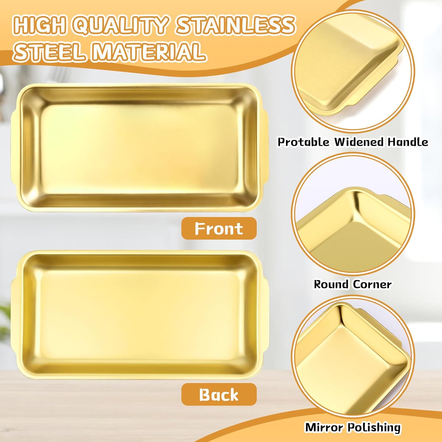 Gold 12 Pcs Small Stainless Steel Serving Tray Bulk 8.66'' x 4.33'' Rectangle Stainless Steel Food Serving Platter with Handle Vanity Tray Decorative Party Plate for BBQ Buffet Appetizer