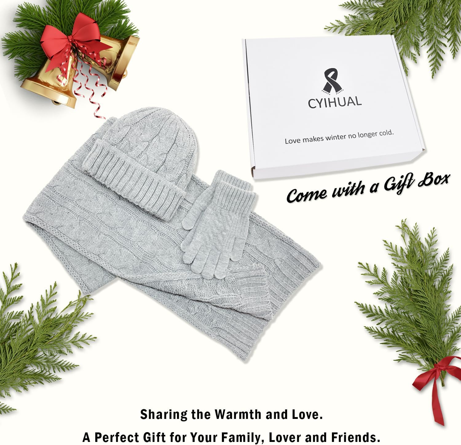 Cyihual Winter Hat Gloves Scarf Set for Women and Men, Touchscreen Gloves, Fleece Lined Knit Beanie & Long Scarf | 3 in 1 Set