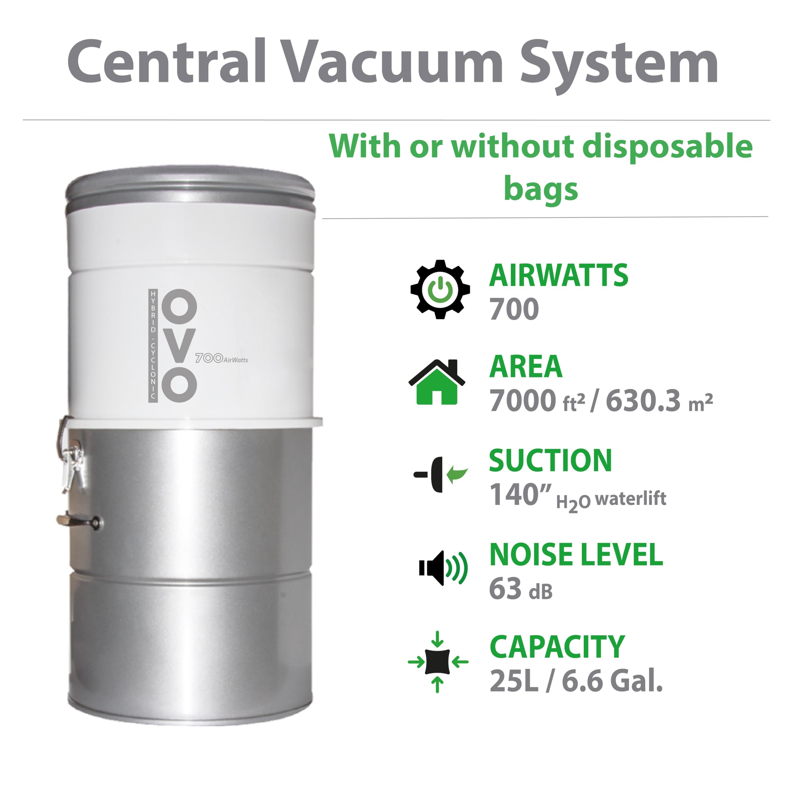 OVO 700 Airwatts Large and Powerful Central Vacuum System, Hybrid Filtration (with or Without Disposable Bags) 25L or 6.6 Gal, 40 ft Deluxe Accessory Kit Included
