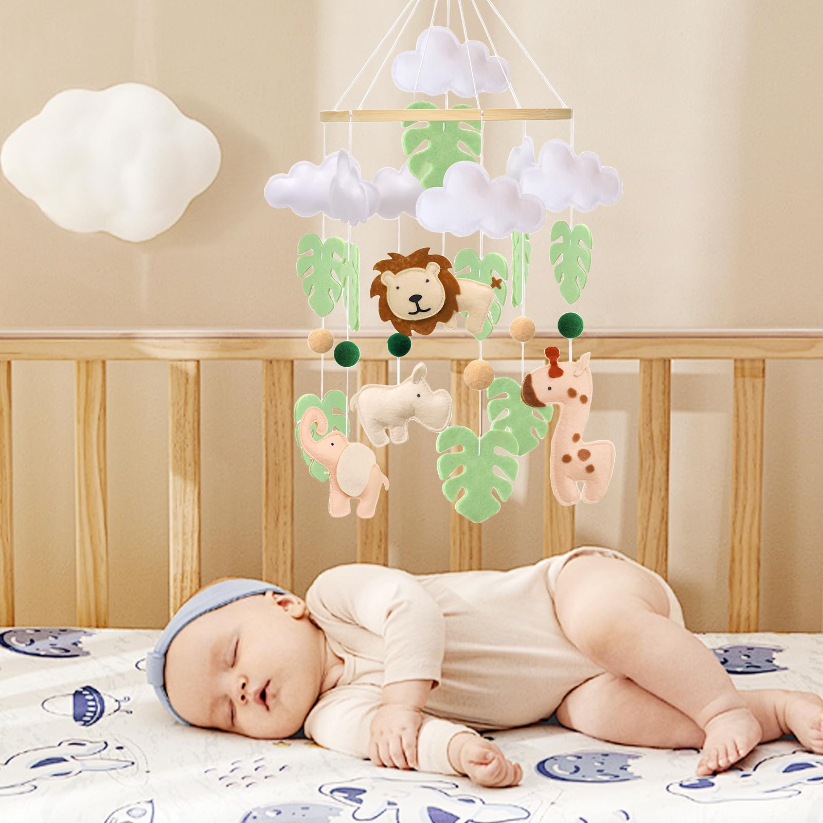 Baby Mobile - Campana da letto per lettino - Jungle Animal Baby Mobile con leone, elefante, giraffa e ippopotamo, giocattolo rilassante per la cameretta dei bambini, regalo per neonati (animale)