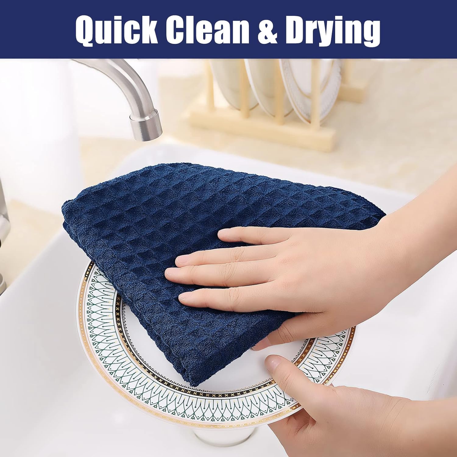 Homaxy Microfiber Waffle Weave Kitchen Towels, 16 x 28 Inch Ultra Absorbent and Solid Color Dish Towels, 4 Pack, Navy Blue - Image 4