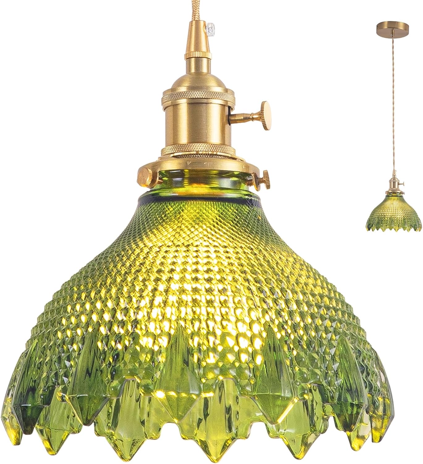 Pendant Lights Kitchen Island, Vintage Light Fixtures with Green Glass, 7.8inch Light Fixtures Brushed Gold Hanging Ceiling for Dining Living Room Kitchen Bedroom Island Entryway