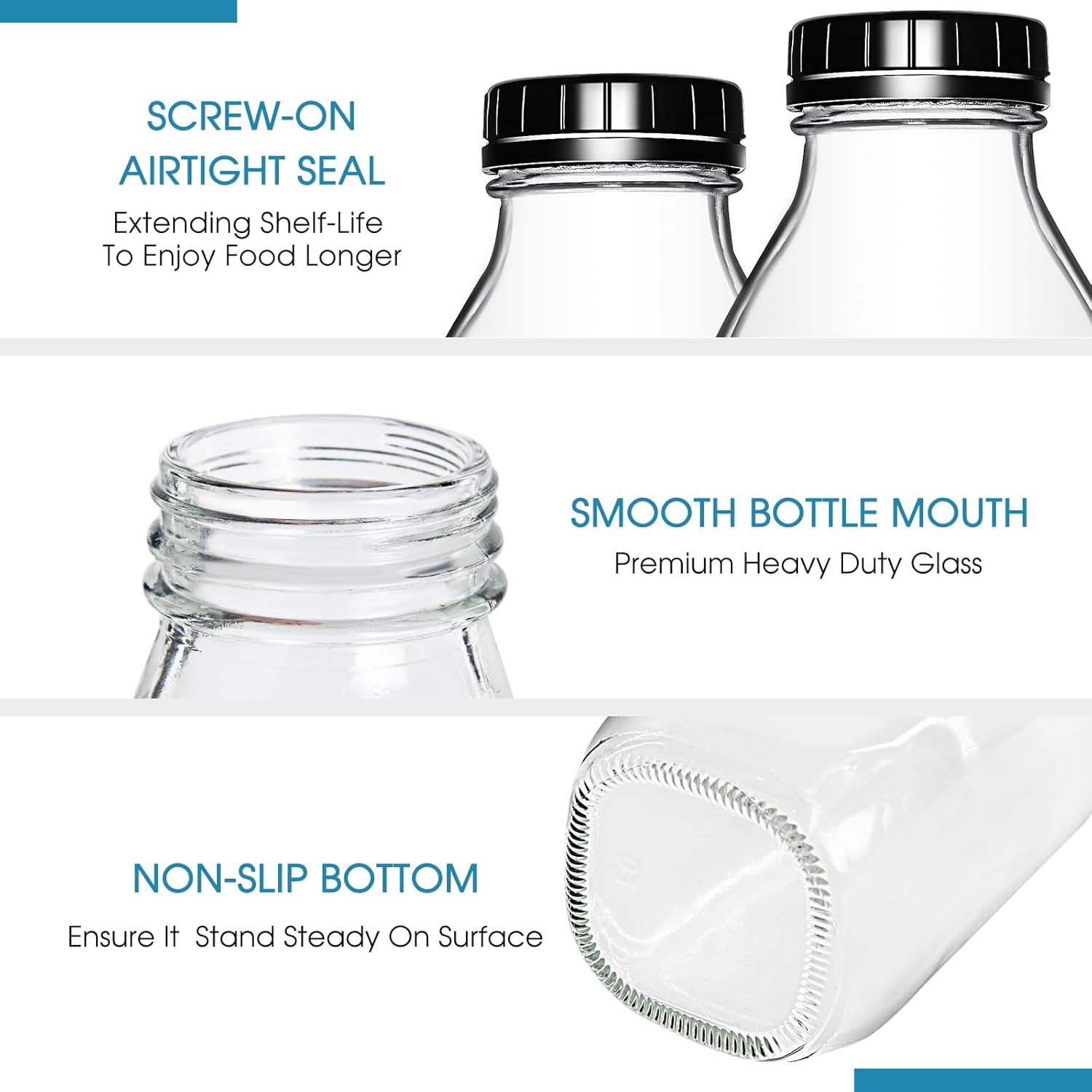 YEBODA 32oz Glass Milk Bottle with Plastic Tamper-proof Caps (4 Pack) Vintage Reusable Dairy Drinking Containers, Glass Bottles for Milk, Juice,Yogurt, Smoothies, Tomato Sauce, Jam, Syrup - Image 4