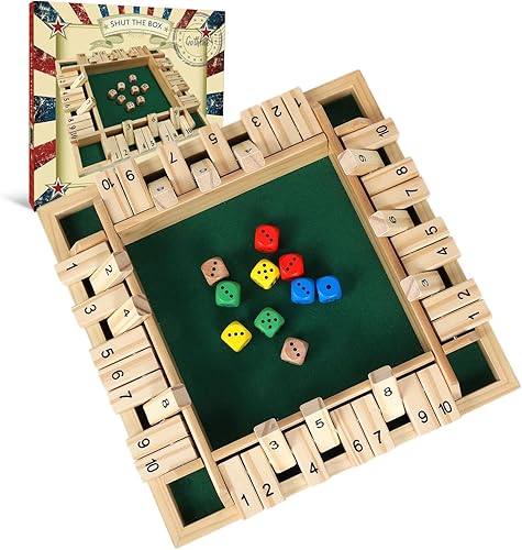 GOTHINK Juego de dados Shut The Box para 1-4 jugadores, mesa de madera de 11.5 pulgadas con 10 dados - Habilidades matemáticas y de decisión para