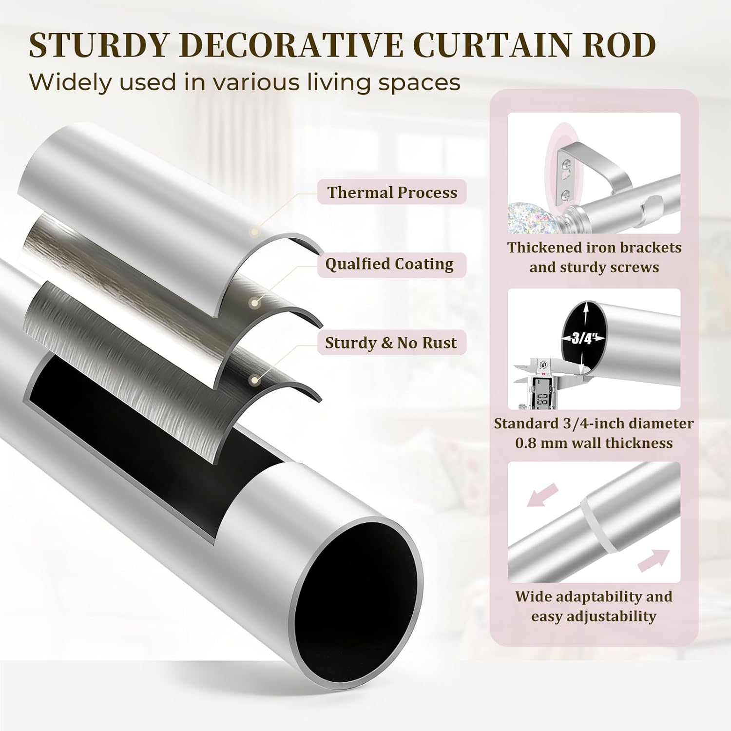 TVWOO Silver Rainbow Curtain Rod Adjustable Heavy Duty Crystal Ball,18-45"