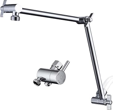 G-Promise 18 Inch Shower Head Extension Arm, Solid Brass Height & Angle Adjustable Extender, Solid Metal High-Flow Shower Diverter Valve for Handheld and Fixed Spray Showerhead