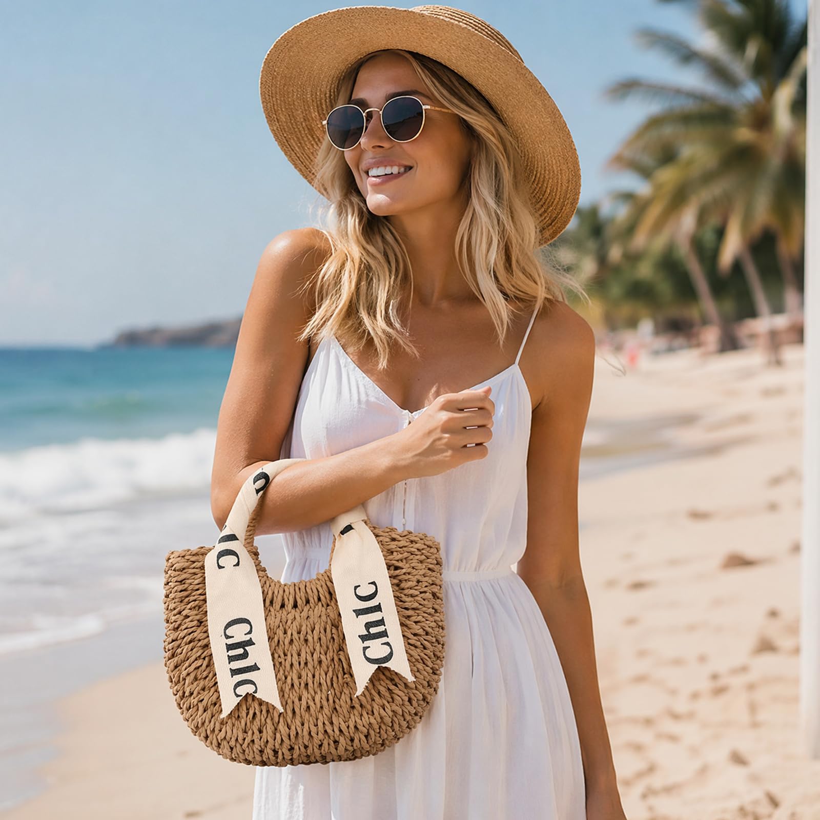 Borse da donna in paglia intrecciata a mezza luna in rattan intrecciato a | La borsa di totalizzatore della mezza luna tessuta paglia delle donne leggere offre il trasporto facile per lo shopping e il
