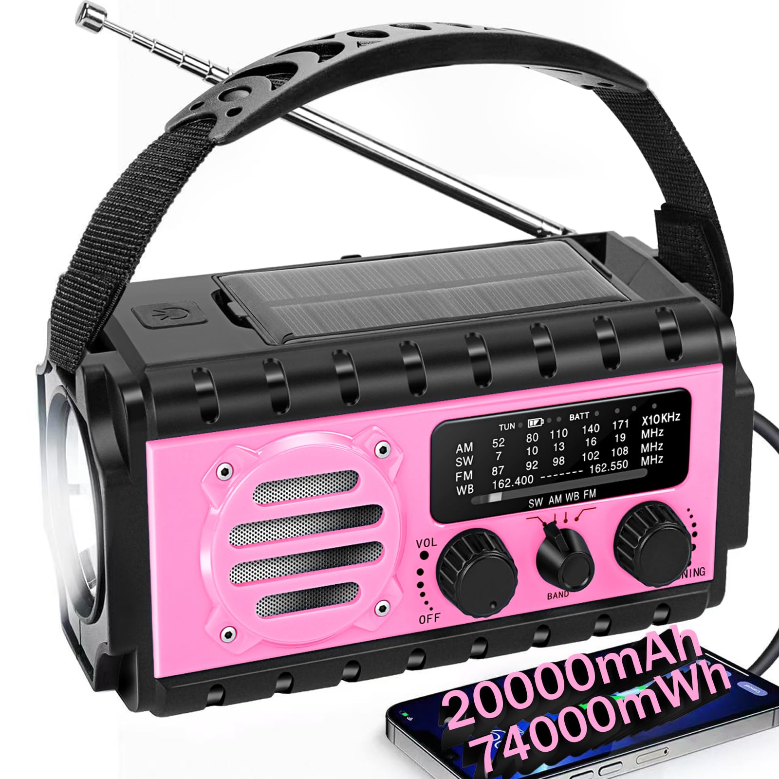 74000mWh Emergency Radio with NOAA Weather, Portable Hand Crank SW/AM/FM Survival Radio with Fast Charge Rechargeable Solar Battery, Flashlight, Reading Lamp,SOS Sirenor Home Outdoor(Pink)
