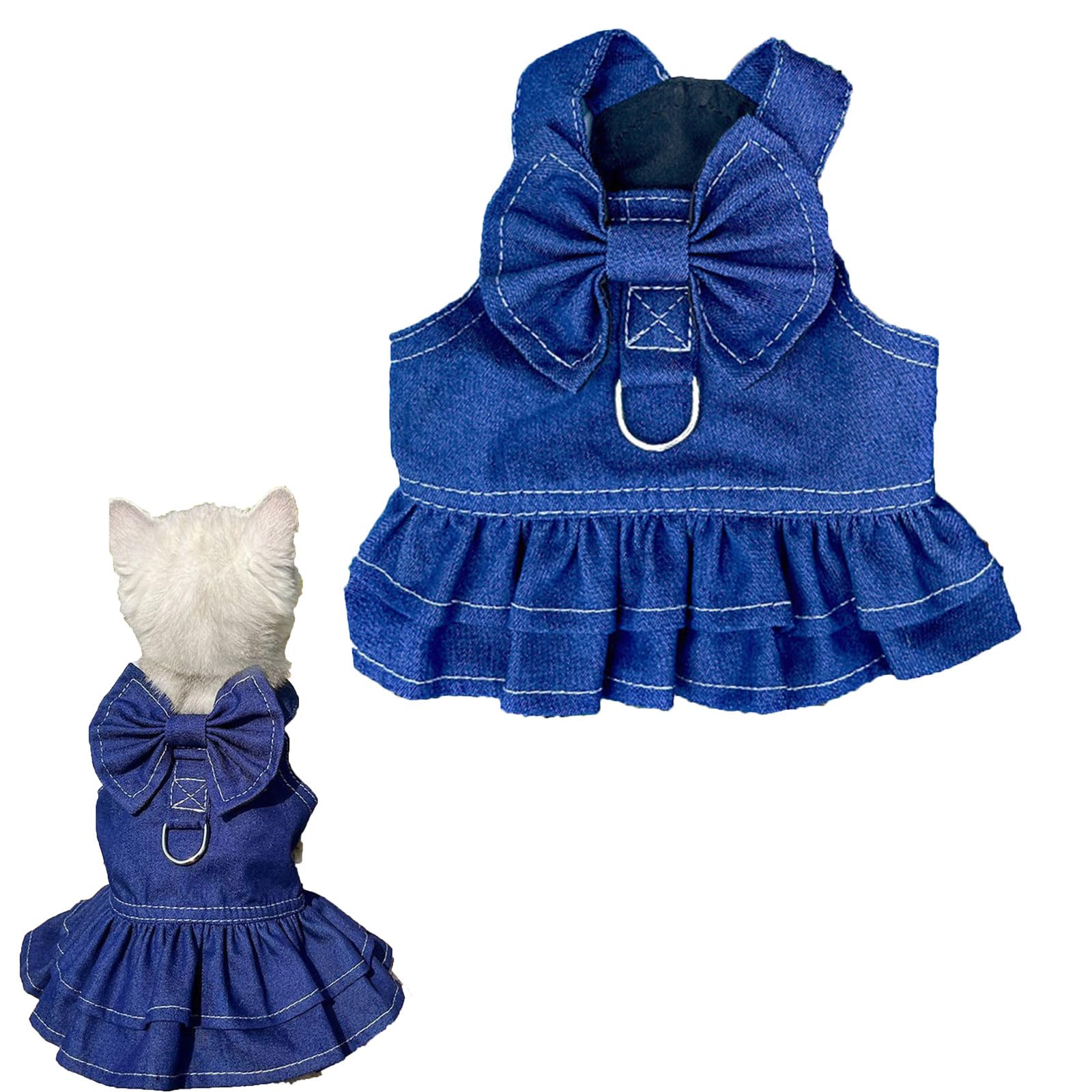 Ling & Bai Dog Harness Dresses Summer Dogs Denim Outfit with D Ring Cat Girl Princess Skirt Pet Bow Clothes (M)