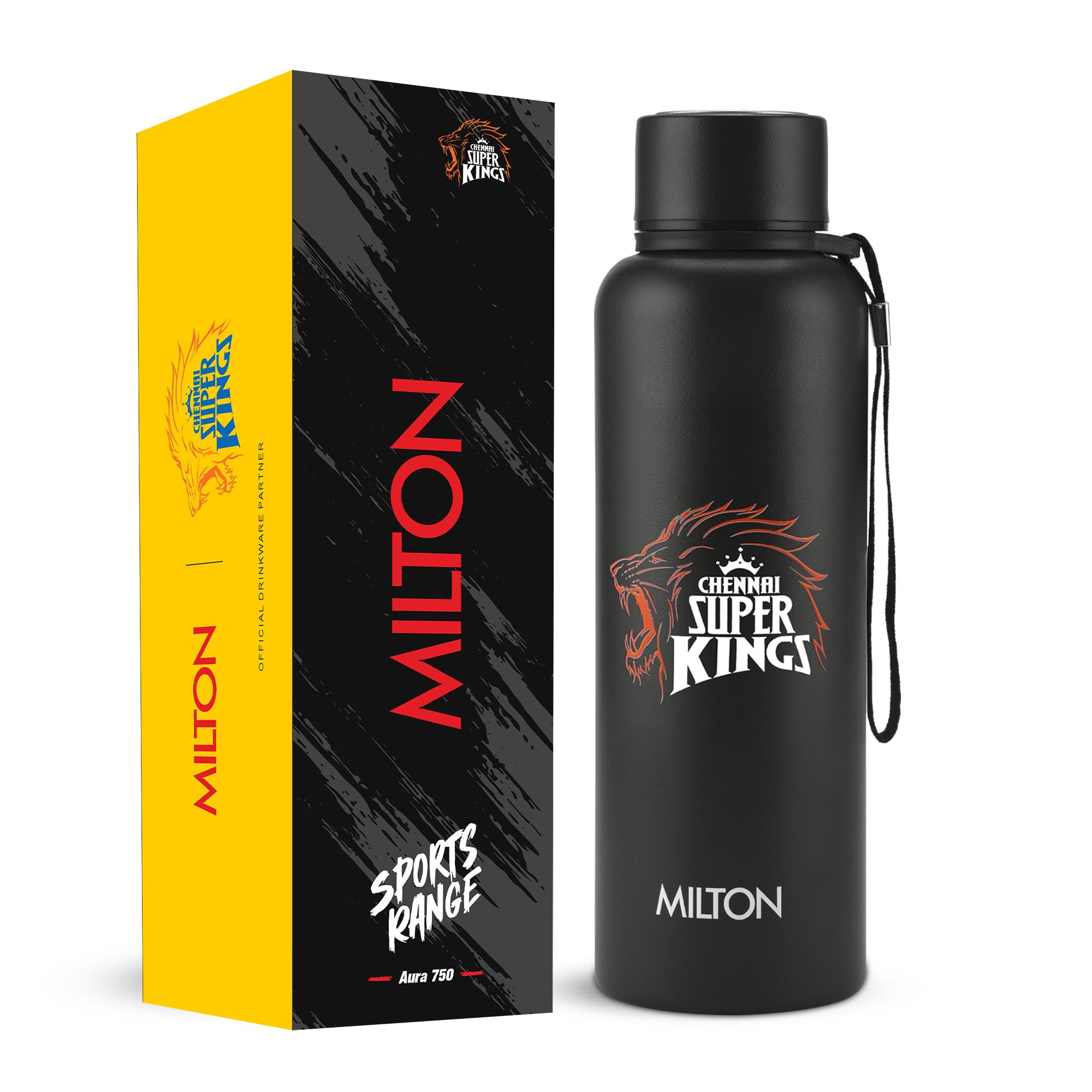Milton Sports Aura 750 | CSK Official Drinkware Partner I Limited Edition Chennai Super Kings Water Bottle | Stainless Steel I 24 Hr Hot & Cold | Designed for Cricket Lovers | 725 ml | Black