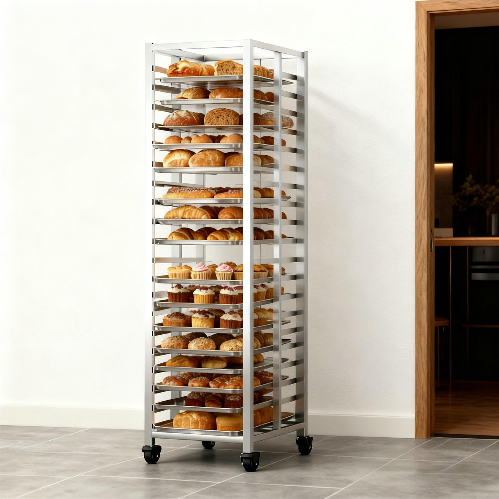 RAJYQODIS Bun Pan Rack, Commercial Bakery Sheet Rack with Brake Wheels, 20-Tier Stainless Steel Baking Tray Food cart ，for Bakeries Restaurant &