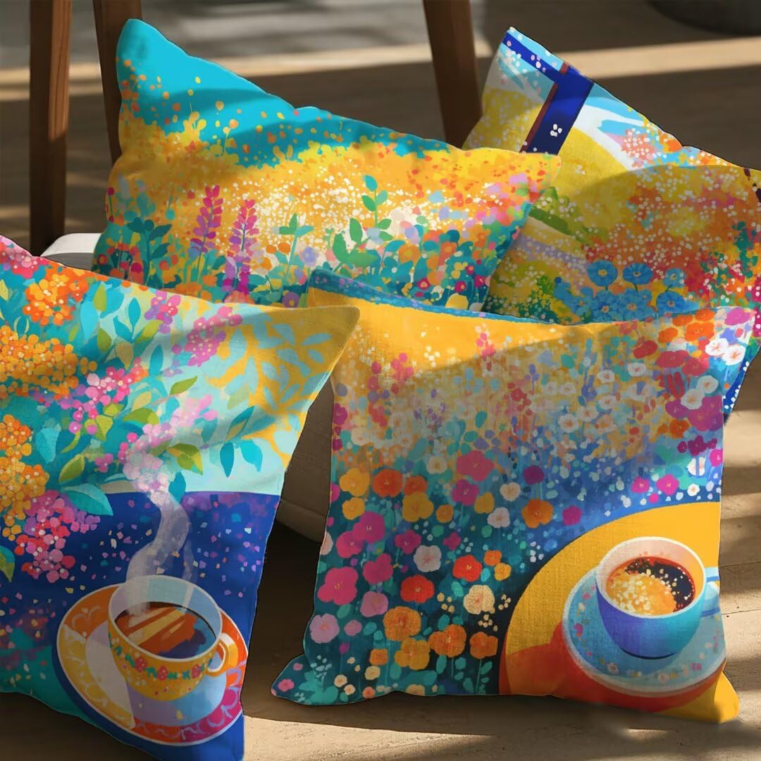 Fundas Cojines 45x45 cm Exterior Cojines Café Fundas de Almohada Juego de 4, Cuadrados Funda Cojin Cortijo Almohadas con Cremallera, Sofa Cama Decorativos para Hogar, Jardín, Salón y Dormitorio Ym289