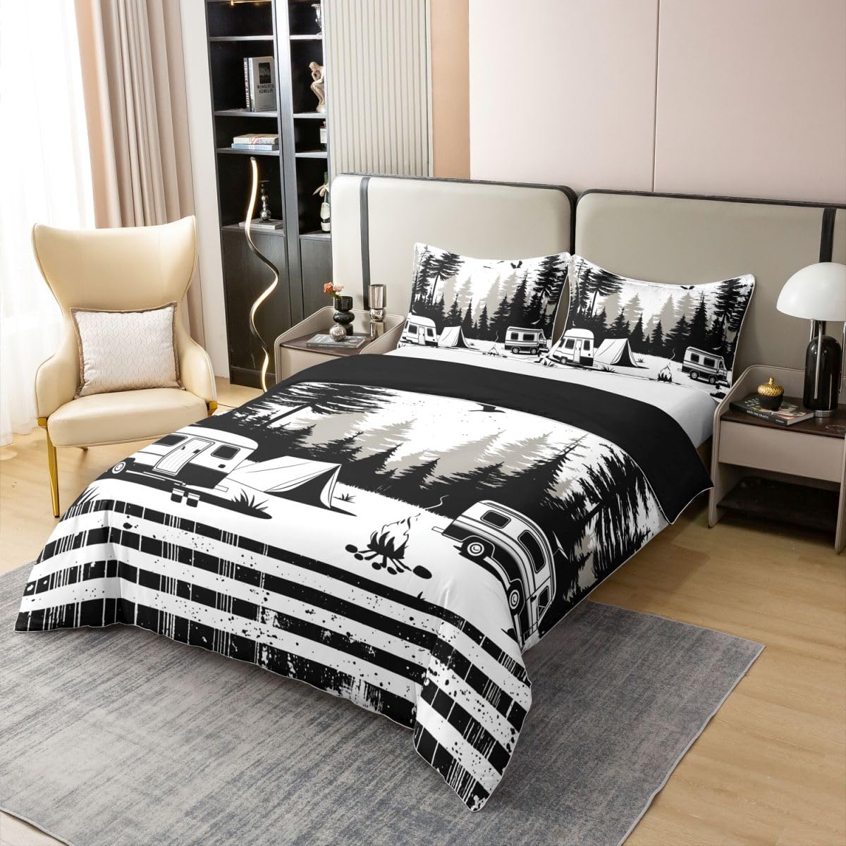 Homewish Juego de funda de edredón de algodón con diseño de bosque de pinos y árboles grises, para decoración de habitación, decoración de habitación, juego de cama estético