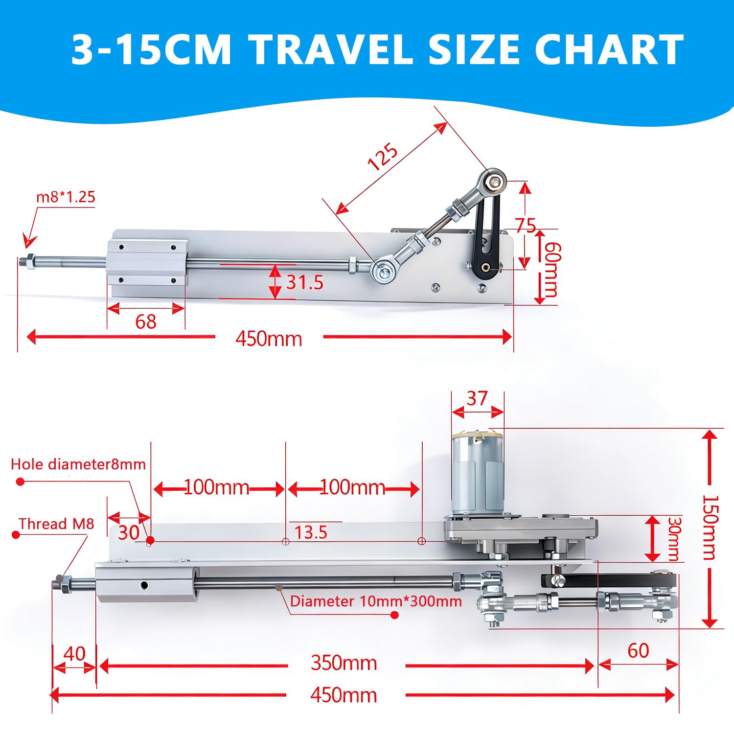 Hubkolben Linearaktuator DC 24V Linear Actuator 120 RPM Teleskopischer Hub 3-15cm mit Drehzahlregler
