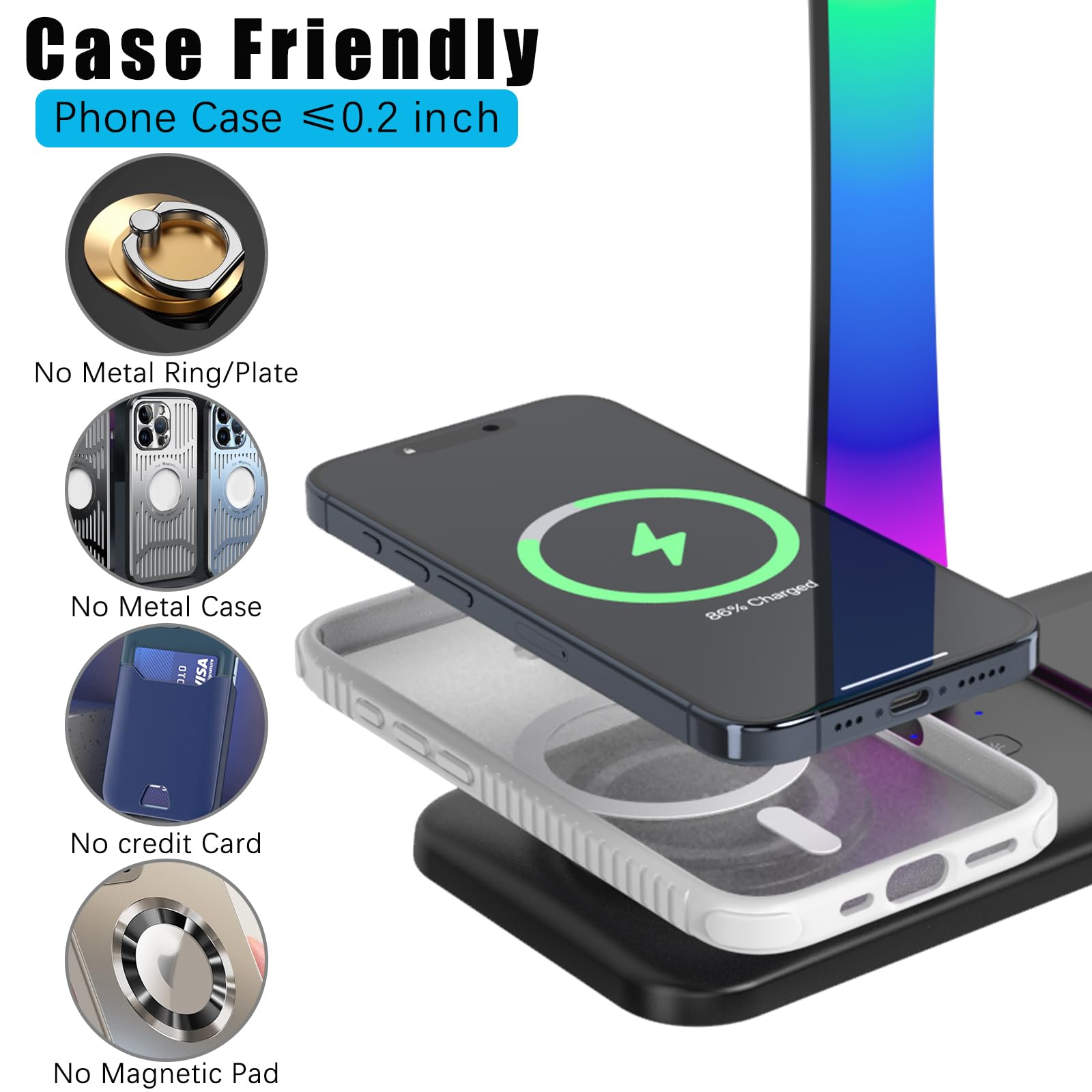 Supporto Per Cuffie con Caricabatterie Wireless,Suppor to Per Cuffie Da Gioco con Luce RGB,Supporto Per Airpod Max Compatibile con Airpod Pro/3/2,iPhone 16/15/14/13/12/11,Regali per Uomini Do (Nero)