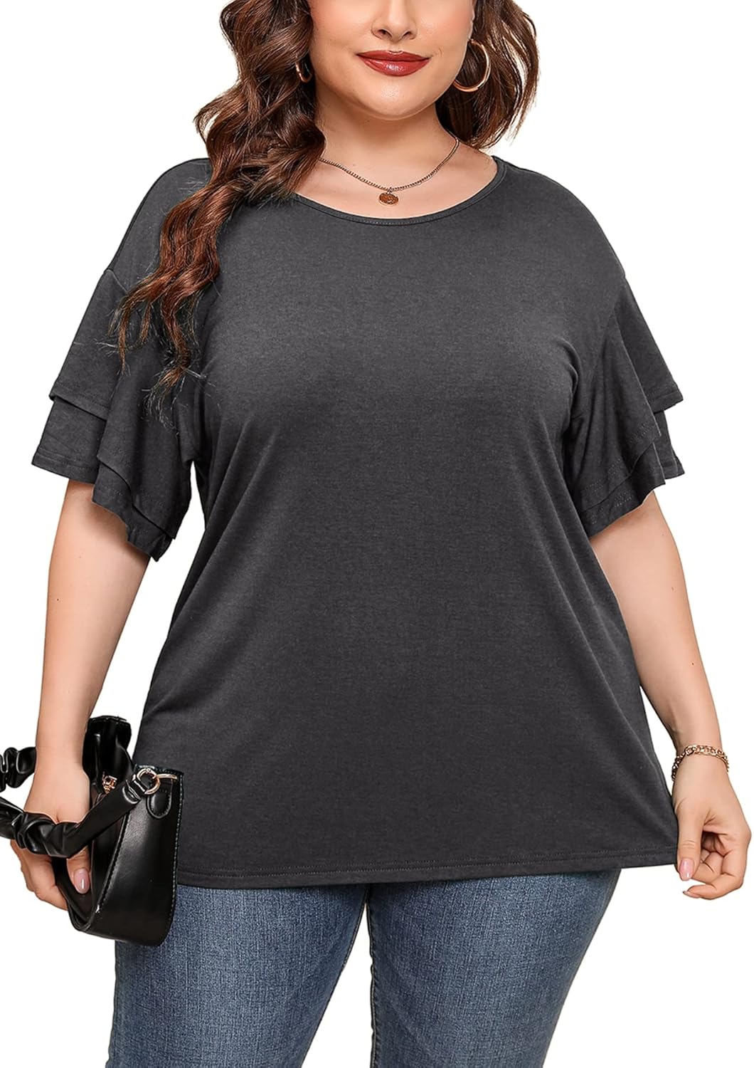 AusLook Plus Size Tunic for Women Double Ruffle Short Sleeve Clothes Loose Fit Clothing Flowy Shirts Summer Tops