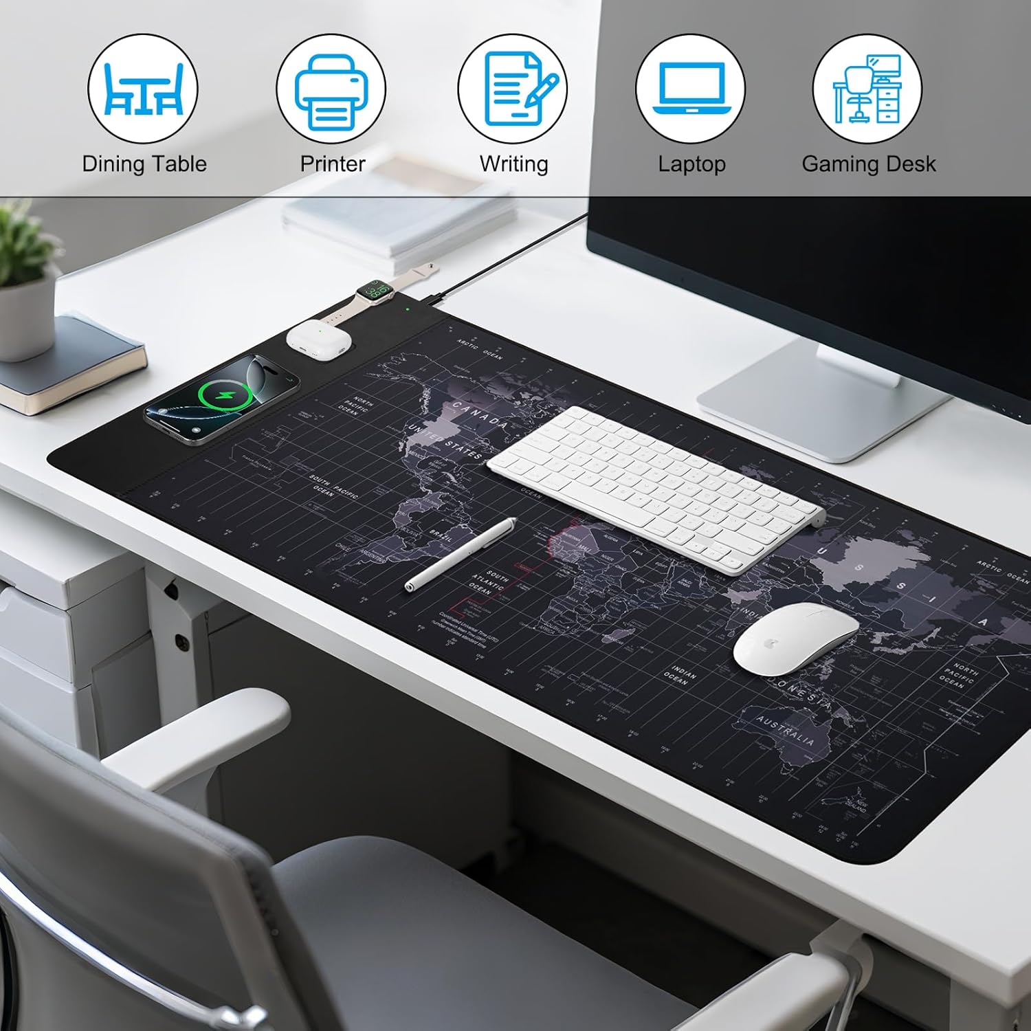 VOVIPO Wireless Charging Mouse Pad 15W, Waterproof Gaming Mousepad with Ultra-Smooth Surface, Non-Slip Base, XXL Large Desk Mat 90 x 40cm,Black World Map Computer Desk Pad for MacBook, PC, Laptop