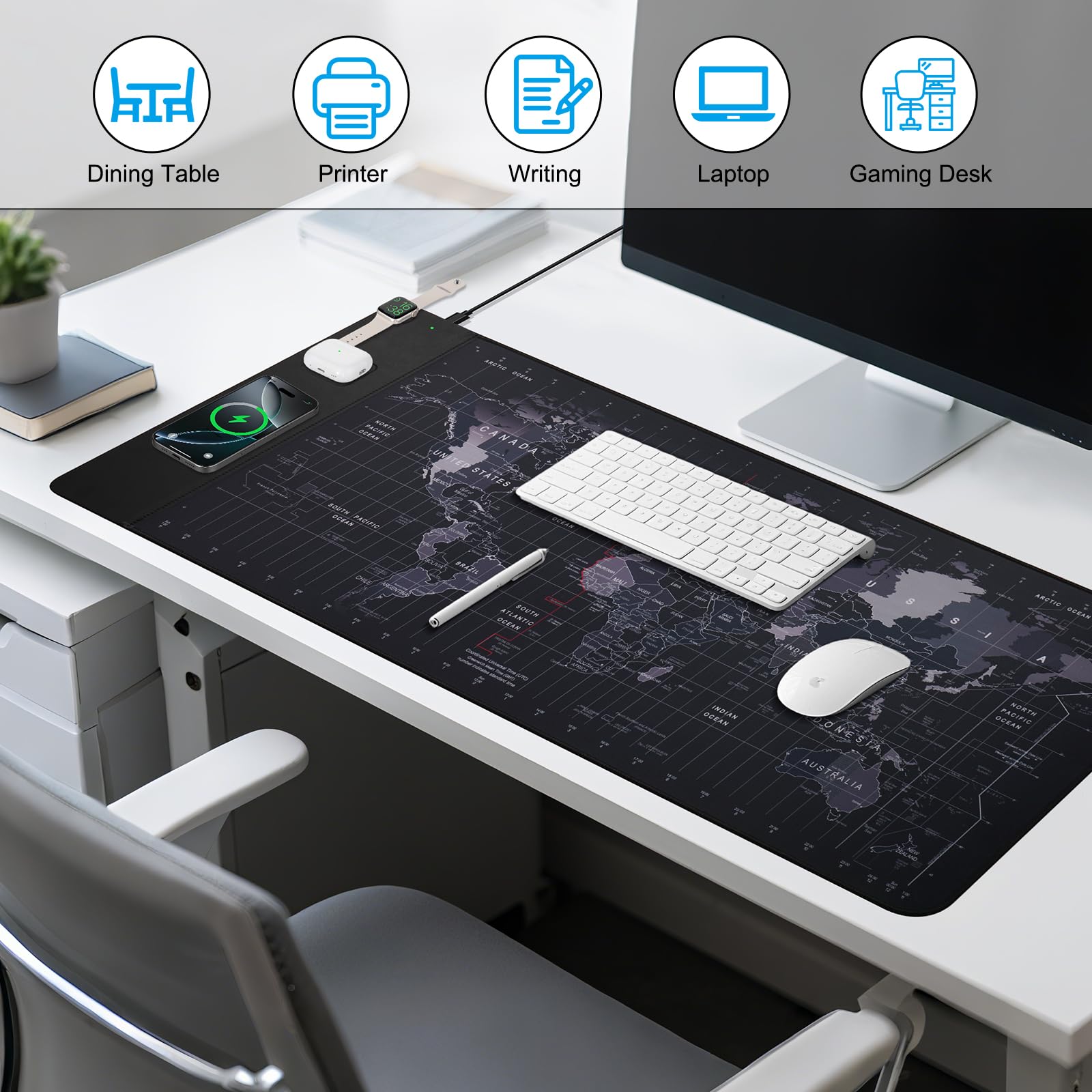 VOVIPO Pad de souris de charge sans fil 15W,Tapis de souris de jeu imperméable,XXL grand tapis de bureau 90 x 40cm, Carte du monde noire Computer Desk Pad noir pour MacBook/PC/ordinateur portable