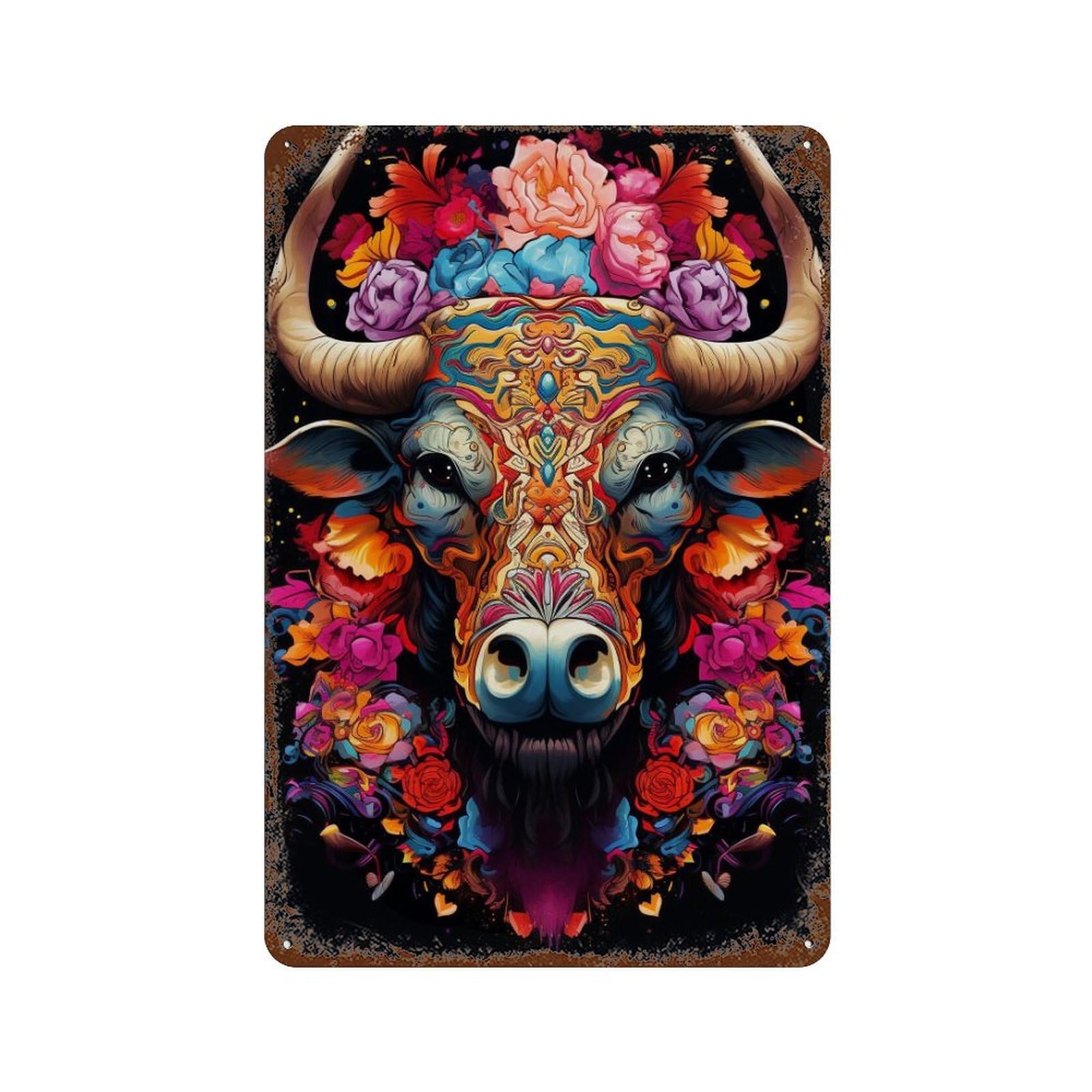 Colorful Bull Illustration-1 Decorative Tin Sign 11.8"x7.9", Farmhouse Wall Decor for Garage, Bar And Workshop Decor