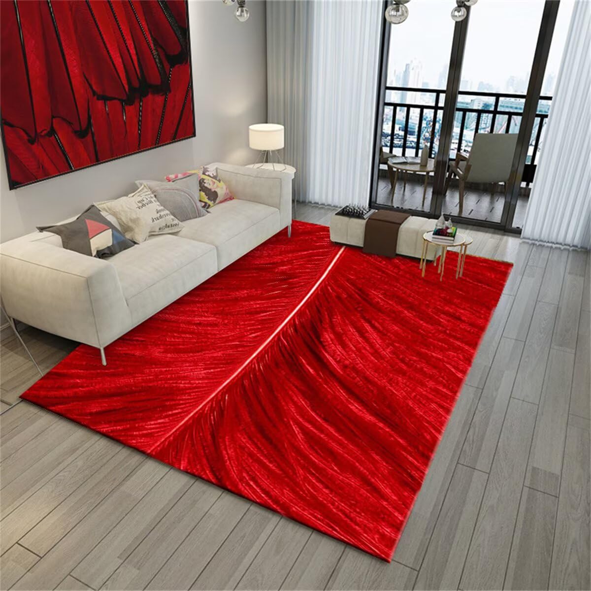 Alfombras pequeñas decorativas de 60x90cm color rojo con plumas para salón de casa