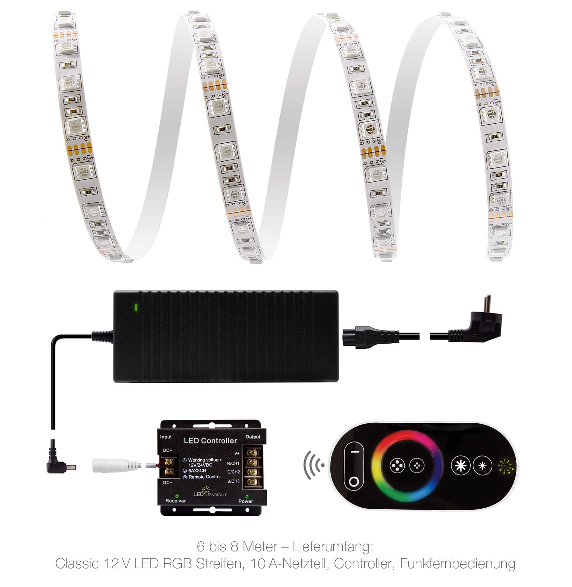 Set di strisce LED RGB da 7 metri (60 LED/m, IP20) con controller, telecomando di alta qualità e alimentatore di rete 10 A