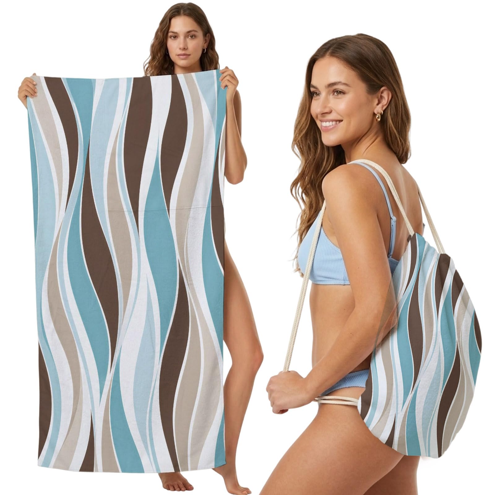 Beach Towel Bag 2 in 1 Teal Brown Waves Stripes Bath Pool Towels Backpack Modern S-Curves Striped Absorbent Beach Towel Soft Quick Dry Lightweight Packable Towels Drawstring Bag for Travel Sports Yoga