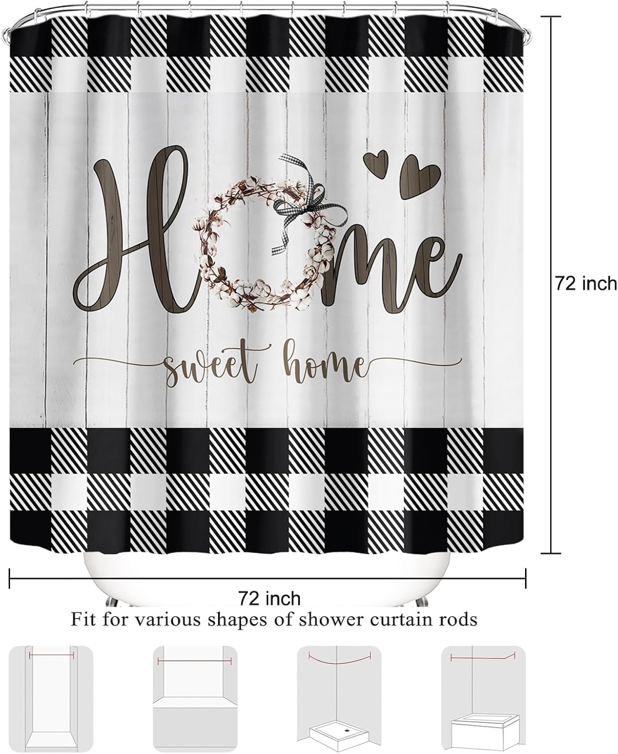 Black and White Plaid Farmhouse Shower Curtain, Home Sweet Home Rustic Floral Bathroom Curtains Waterproof Fabric Bath Curtain 72x72 Inch with 12 Plastic Hooks