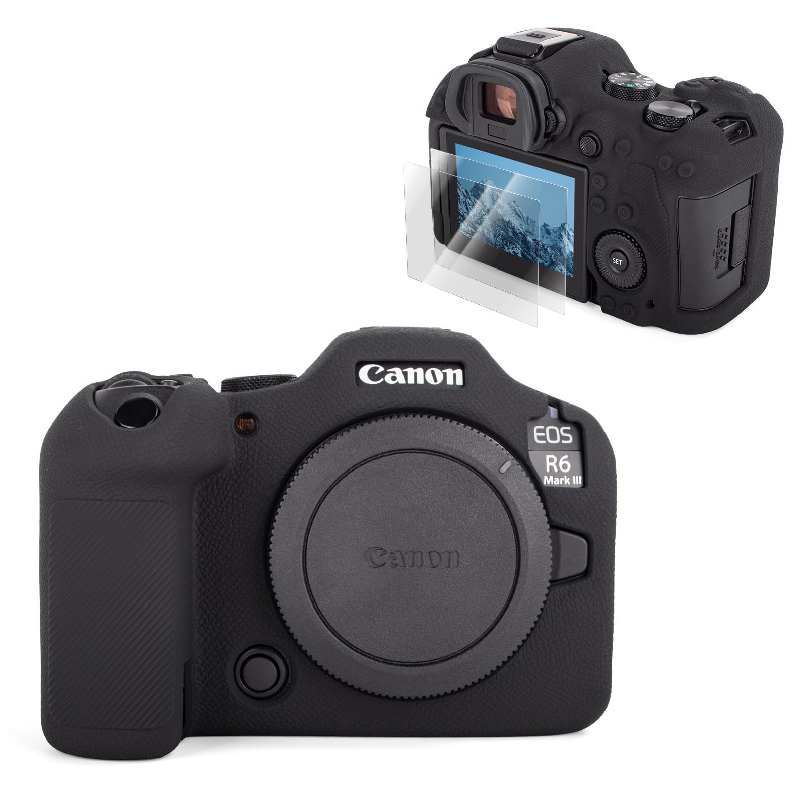 Rieibi Custodia in silicone per fotocamera Canon EOS R6 Mark III, accessori per fotocamera digitale Canon EOS R6 MarkIII con 2 pellicole protettive temperate ultra sottili da 0,25 mm, antiscivolo e