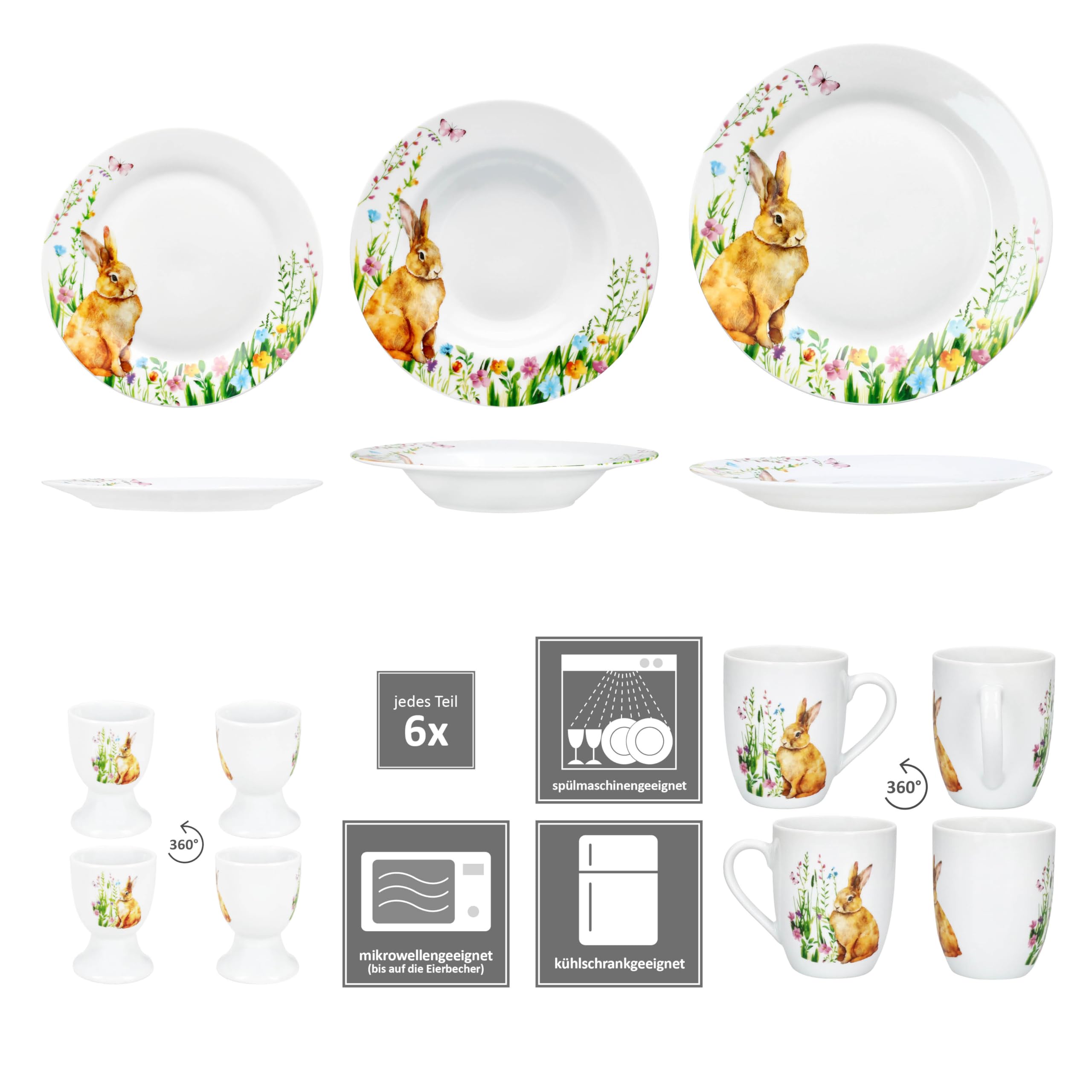 MamboCat 30-częściowy zestaw śniadaniowy Osterfreude I wiosenny porcelanowy zestaw naczyń z dekoracją zajączka wielkanocnego dla 6 osób I po 6 kieliszków do jajek, kubków, talerzy do ciasta, talerzy