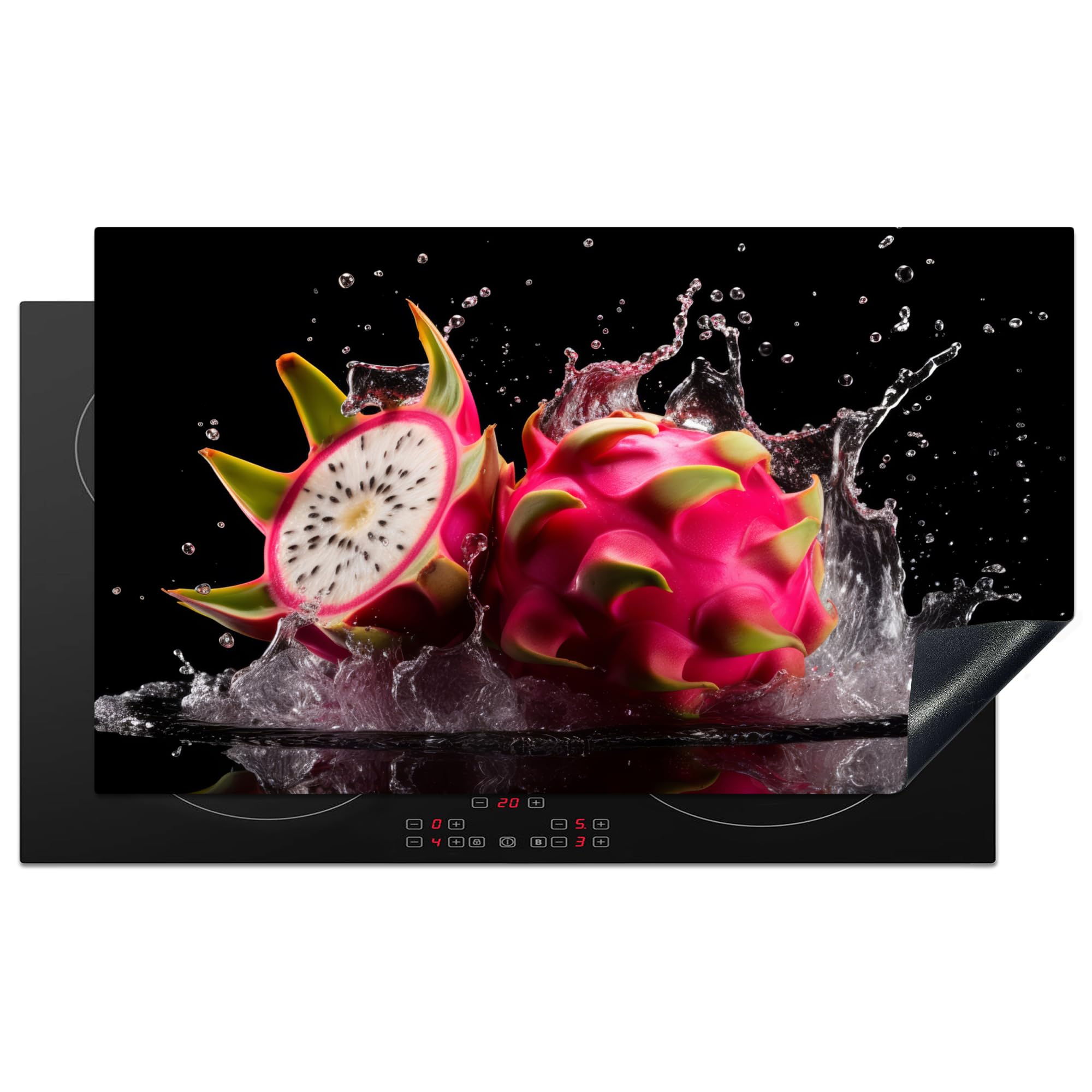 KitchenYeah© Induction Hob Cover Protector Mat 20.5"x35.9" / 91.2x52 cm Kitchen Universal Ceramic Covers for Electric Cookers Vinyl Dragon Fruit - Black - Water - Fruit