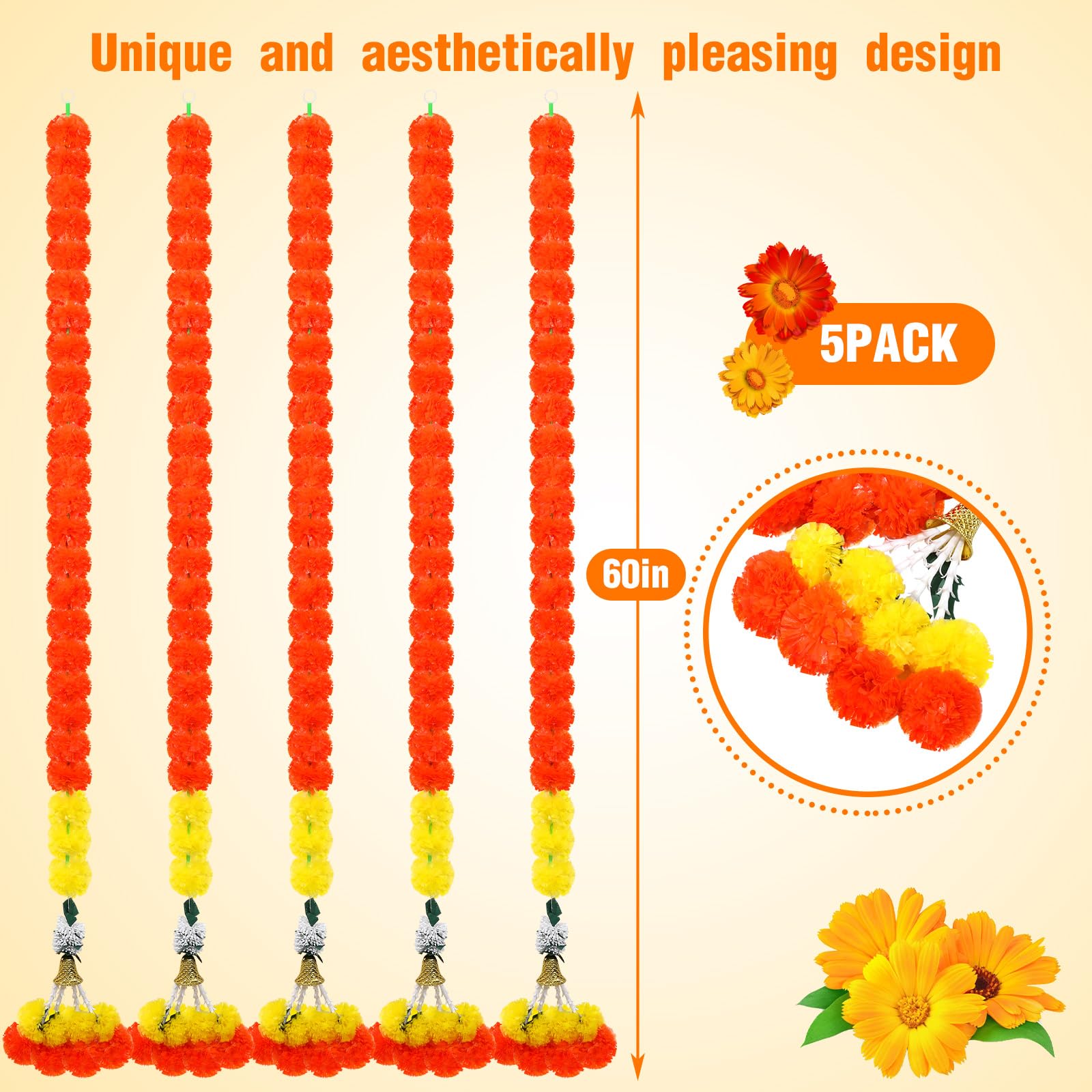 5 Pcs Marigold Garland for Decoration 5 Feet Long Artificial Marigold Flowers Traditional Indian Decor Long Strands Faux Garlands for Diwali, Pooja, Wedding, Events, Halloween Decor (Dark Orange)