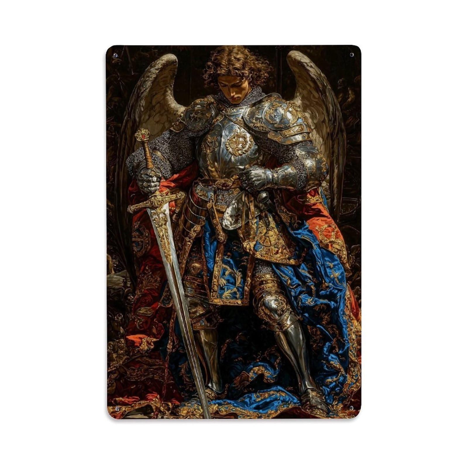 Catholic Religious Knight Saint Archangel Michael Sacred Metal Tin Sign Plaque Wall Decor for Cafe, Man Cave, Club Bar, Office, Home Garden Round Metal Poster 8x12Inch