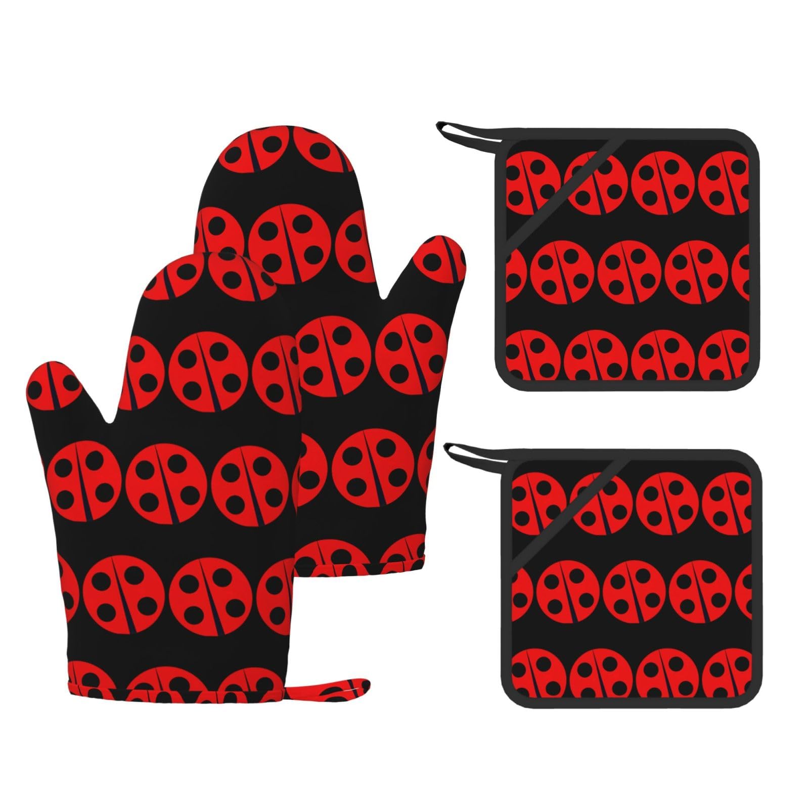 ladybug Printed Pot Holders and Oven Mitts 4-Piece, Non-Slip Kitchen Gloves with Utensil Pocket for BBQ