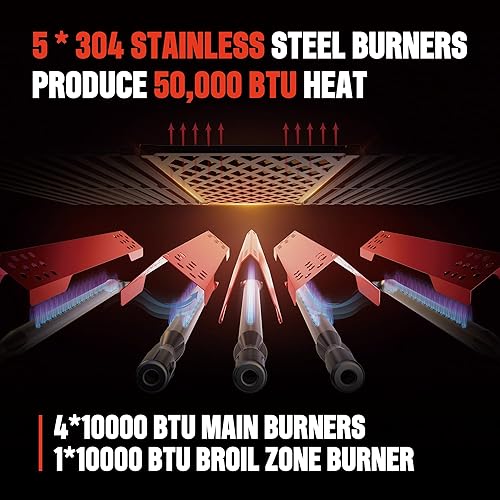 Miniatura 7 de Monument Grills 4+1 Barbacoa al Aire Libre de Acero Inoxidable con Gas Propano, 4 Quemadores y 1 Quemador Lateral de 62,000 BTU, Barbacoa de Jardín