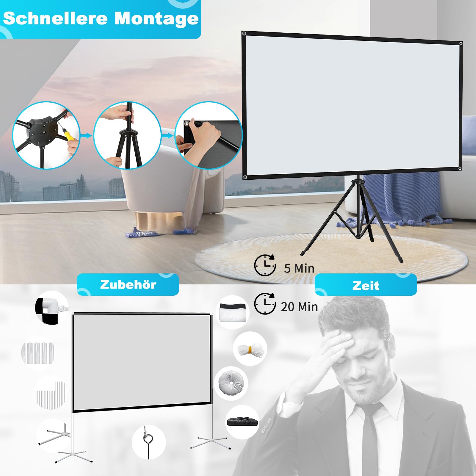 VISULAPEX 80”Grau Leinwand Beamer 16:9 HD, Beamer Leinwand mit Stativ, Ideal für Heimkino Camping und Freizeitveranstaltungen Hinterhof Theater Nächte Tragbare
