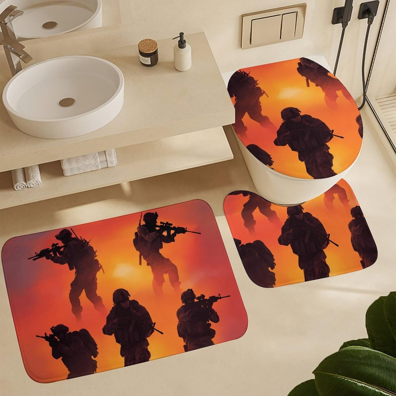 Military Army -Sniper Silhouettes Bathroom Set with Shower Curtain Rugs Toilet Lid Cover and Floor Mats 4 Piece