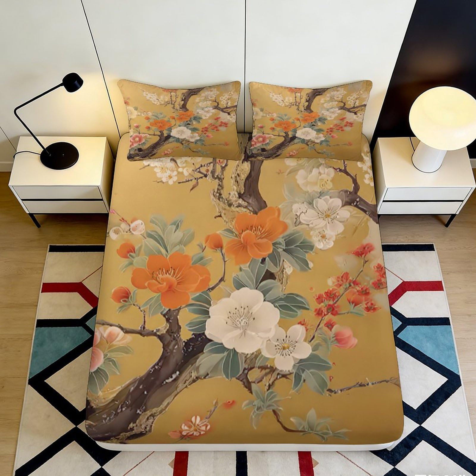 3D Printed Oriental Blossom Fitted Sheet Microfiber Elegant Floral Branch Mattress Cover for Bedroom Guest Room Decor 90x200x25cm