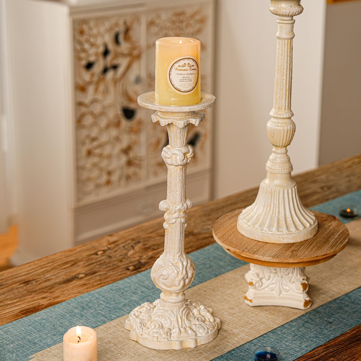 Sungmor Vintage Cast Iron Candlestick Holder,15.7 Inch Tall Distressed White Ornate Pillar Candle Holder,Rustic Decorative Candle Stand for Home,Farmhouse,Table Centerpiece Decor
