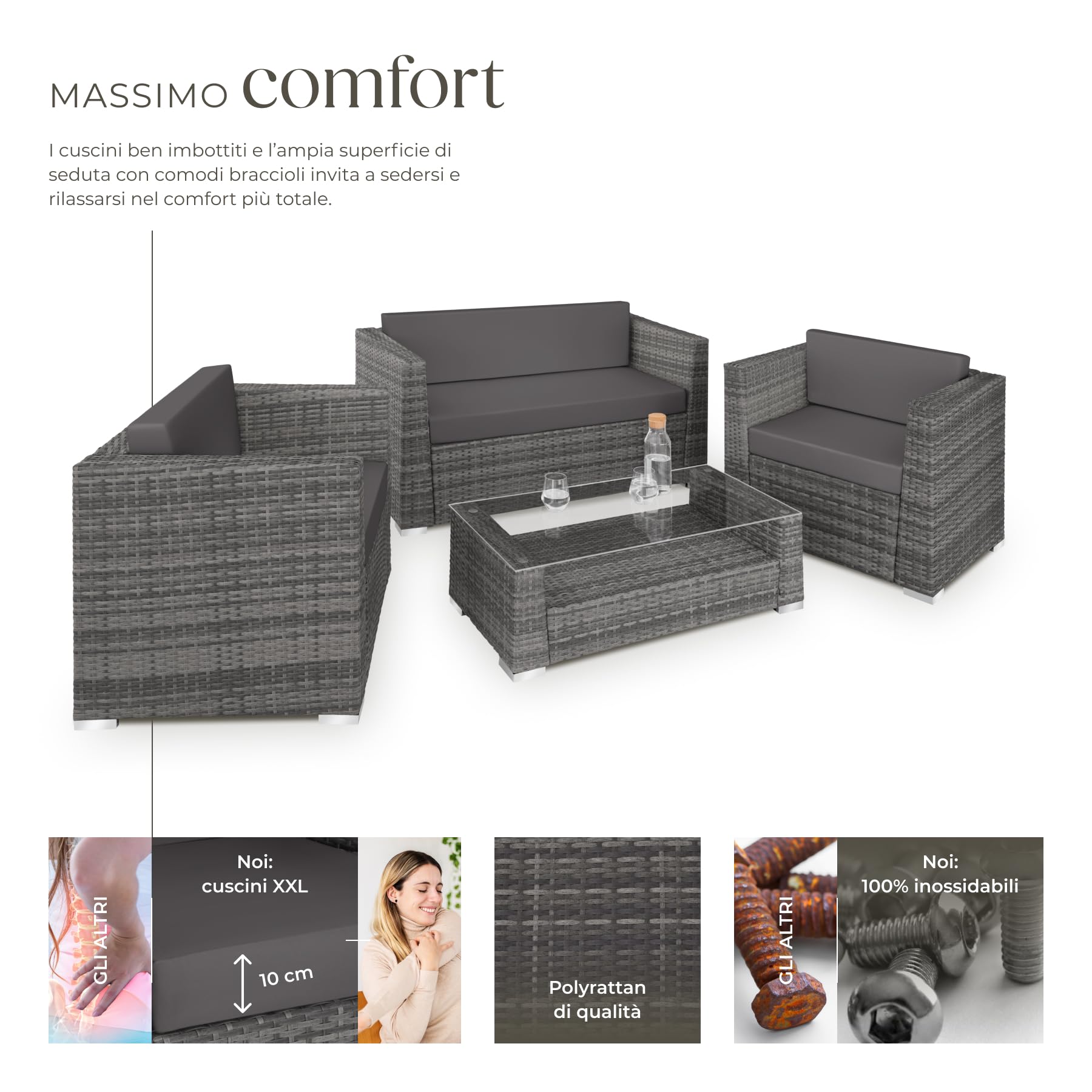 tectake® Set di Mobili da Esterno in Rattan e Alluminio, 1 Divano, 2 Poltrone, 1 Tavolino Salotto con Lastra in Vetro, Set di Rivestimenti per Cuscini, 4 Cuscini Extra Inclusi - Grigio