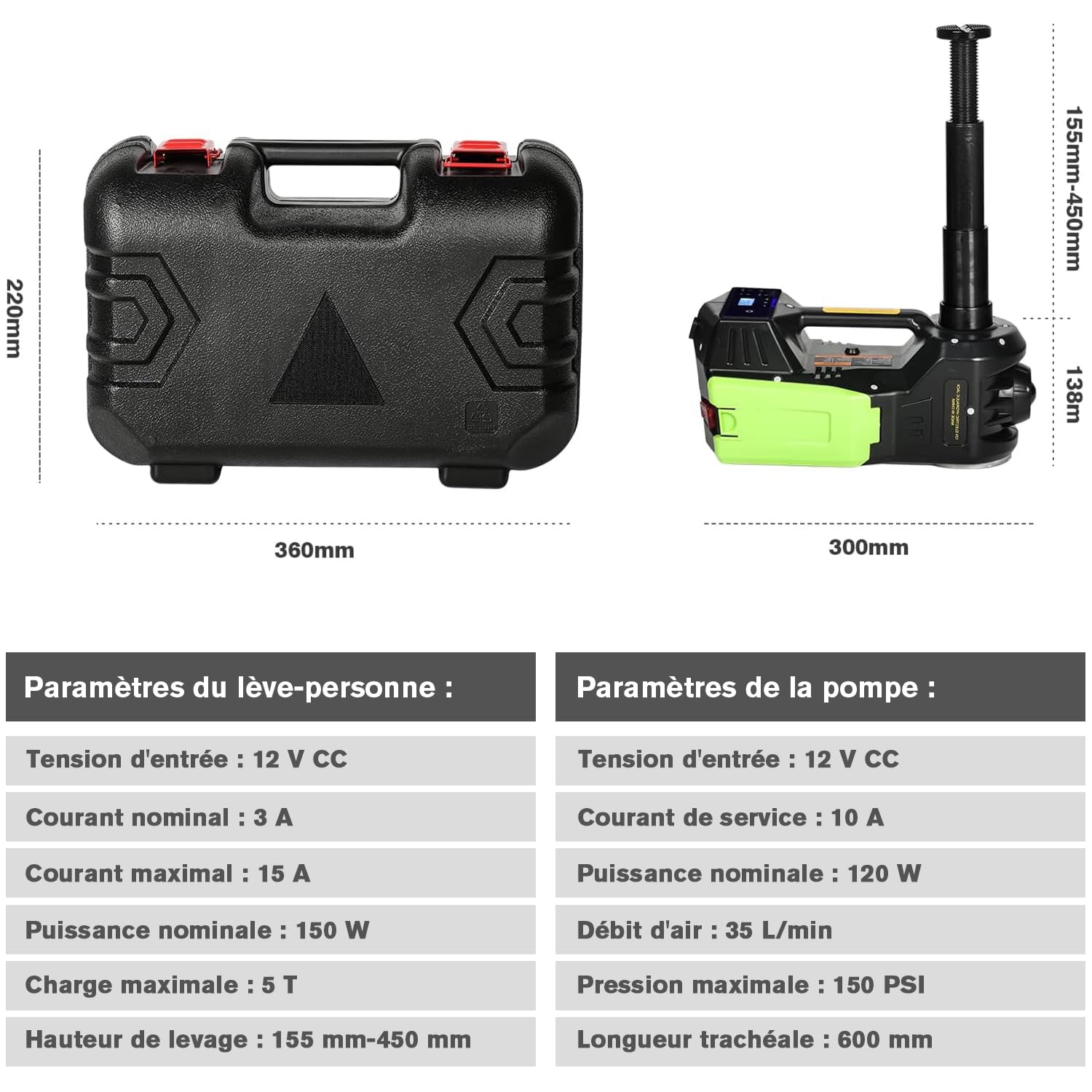 VOBOR Cric Électrique Voiture 5T, 4 in 1 Cric Hydraulique 12V avec Écran LCD et Pompe de Gonflage des Pneus, 150-450mm Leve pour Voiture Pickup Changement de Pneu Garage Réparation