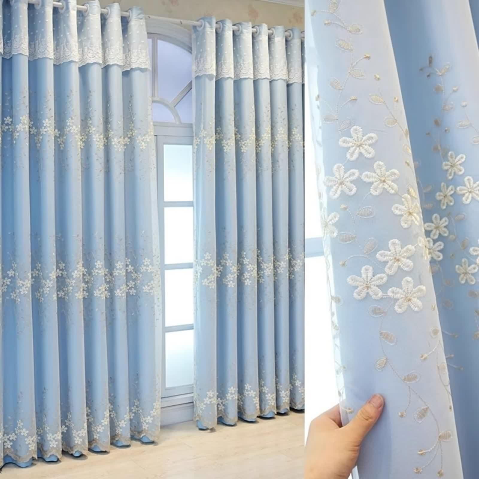Rideaux Salon Bleu, Occultant Rideau Chambre Fenetre Lot de 2 Tissu Broderie en Dentelle Double Couche LxH 132x229cm