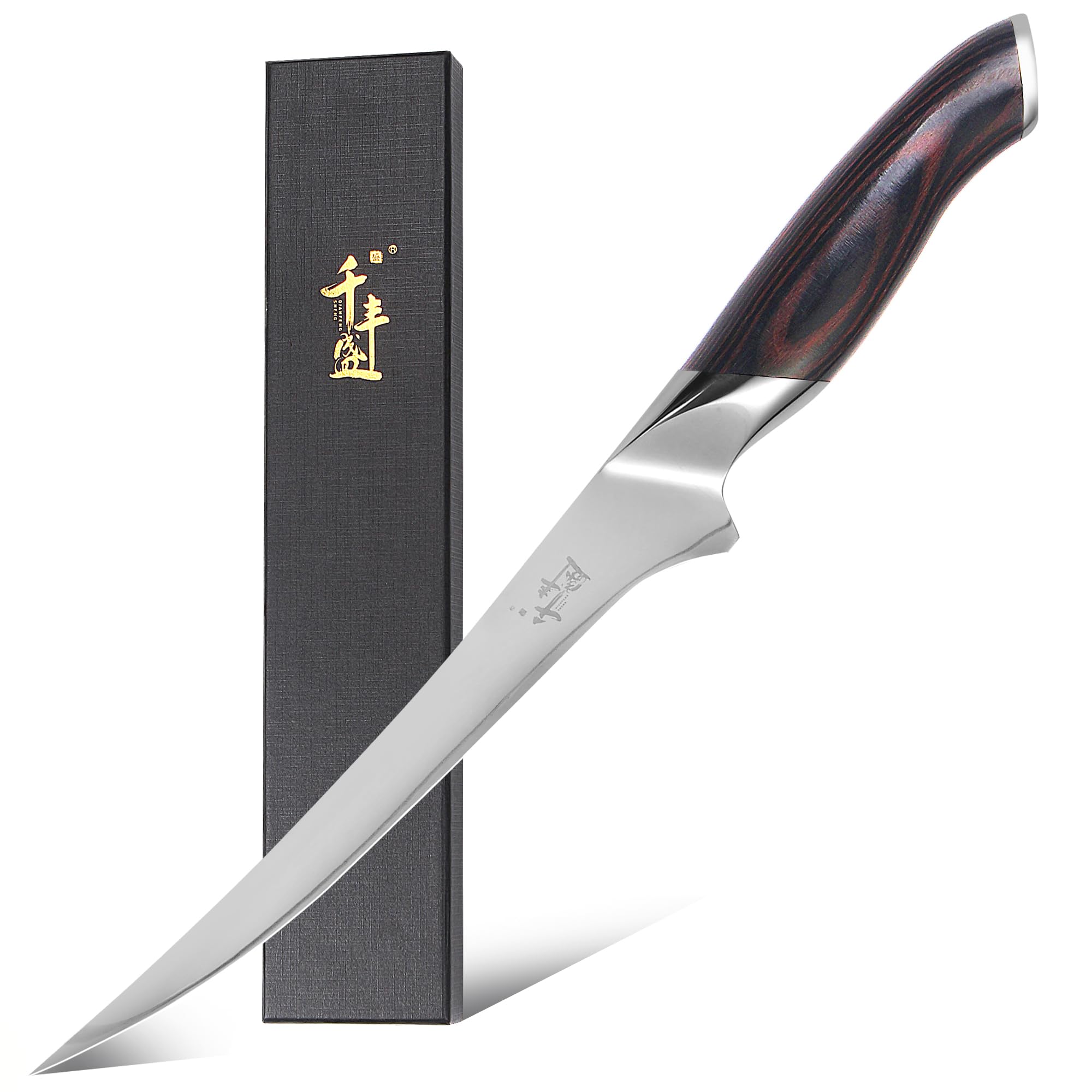 QIANFENGSHENG Filetiermesser 20cm, Scharfes Ausbeinmesser, VG-10 Superstahl zum Schneiden von Fleisch und Hühnchen, Profi Küchen-Fischmesser mit Flexibler Klinge und Ergonomischem Holzgriff