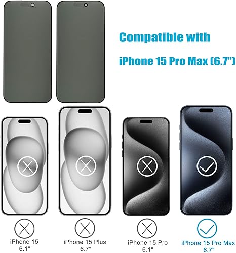Miniatura 7 de Paquete de 2 protectores de pantalla de privacidad mate para iPhone 15 Pro Max con marco de fácil instalación, tacto suave y sensible, protección